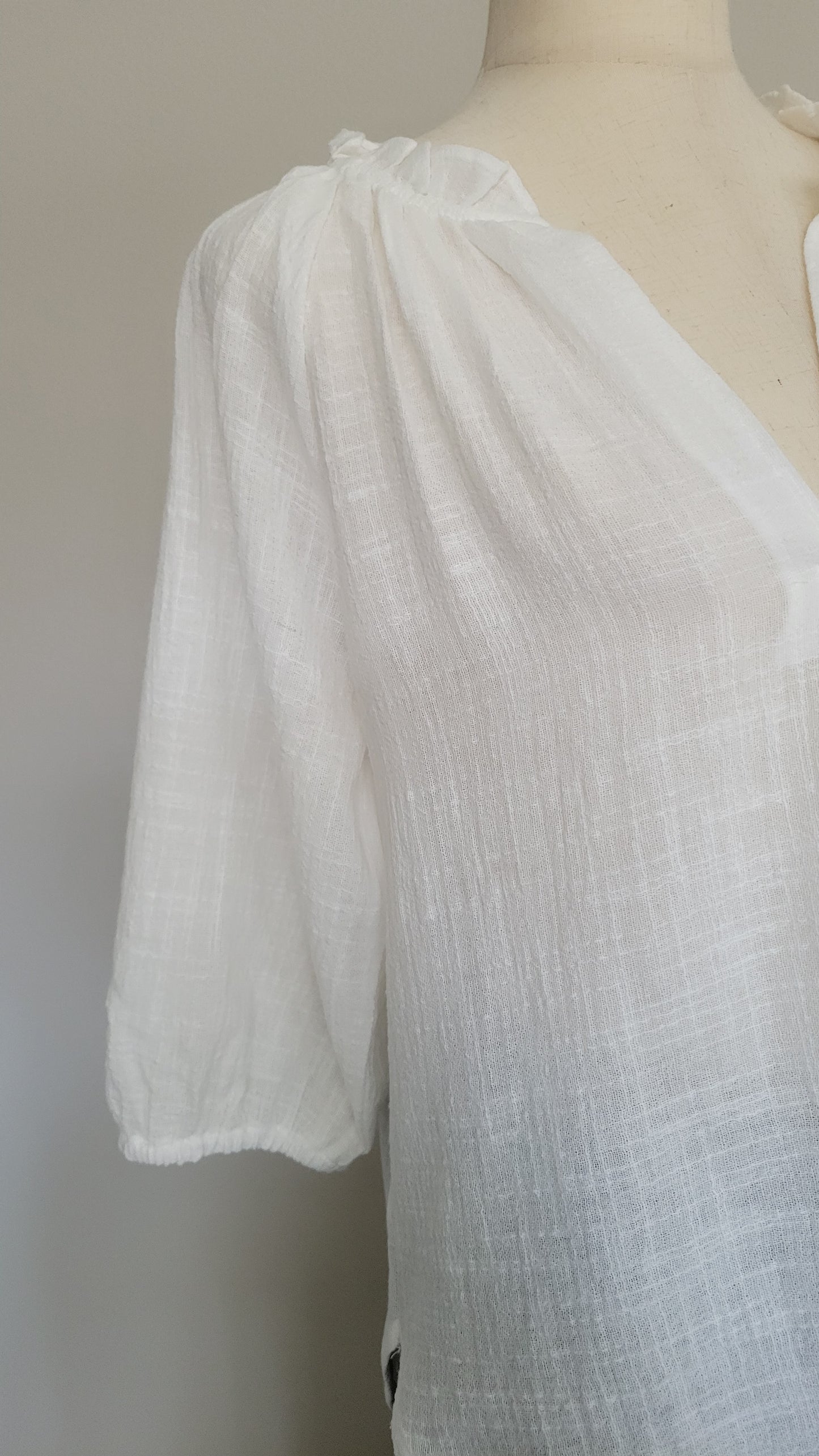 Kimberly Puff-sleeve Cotton  V-neck Blouse White