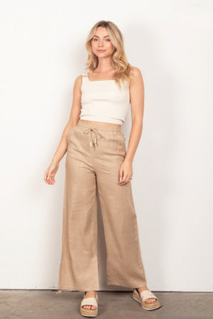 Elastic Waist Solid Linen Wide Pants 2 Colors Black Beige