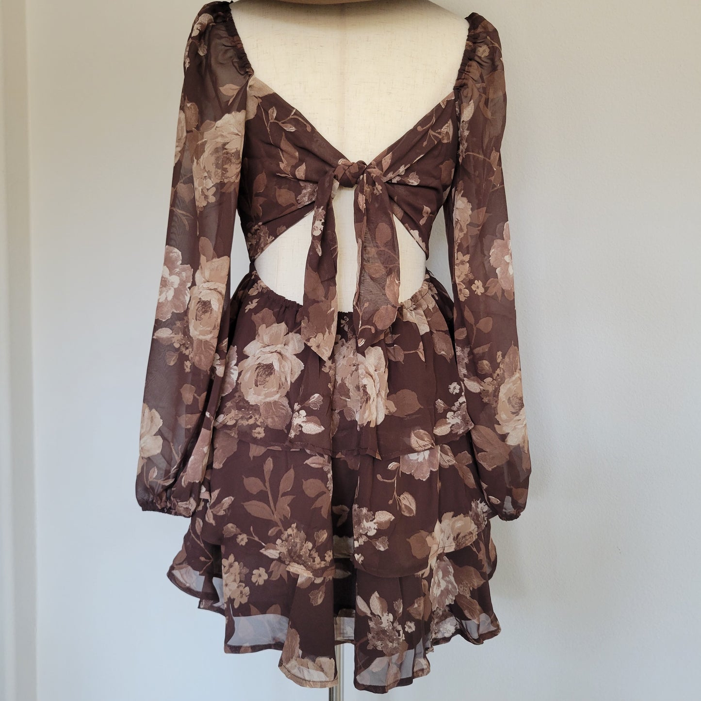 Floral Long Sleeve Triple-layer Mini Dress Brown