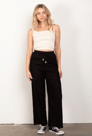 Elastic Waist Solid Linen Wide Pants 2 Colors Black Beige