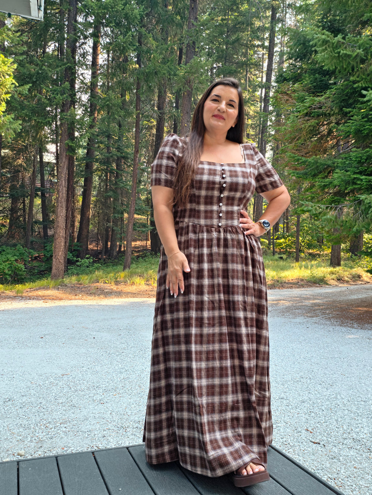 Drop Waist Square Neckline Plaid Cotton Dress