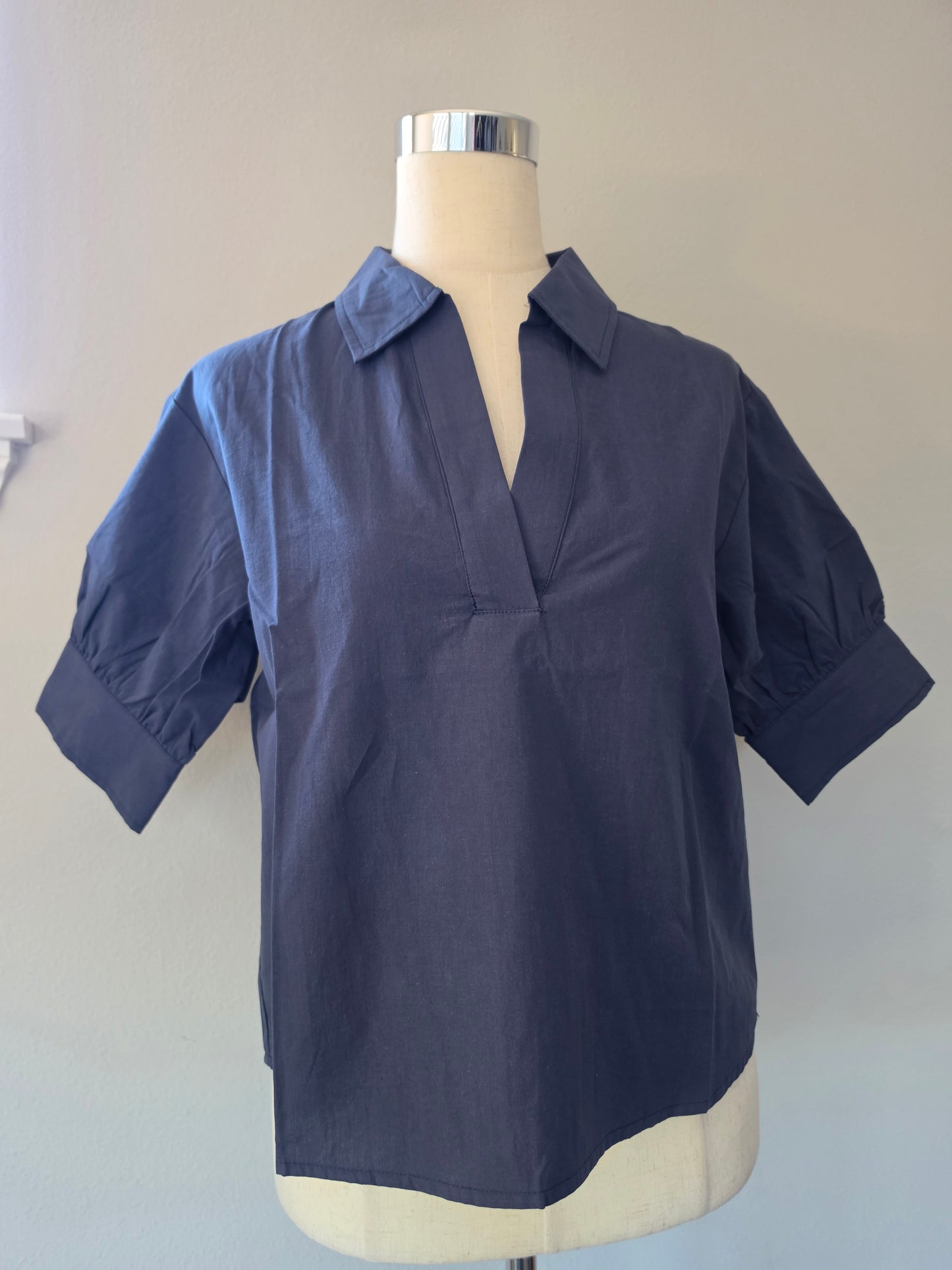 Jenn Puff Sleeve Cotton Blouse Navy
