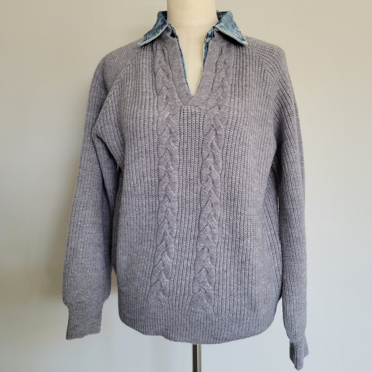 Denim Contrast Collared V Neck Sweater