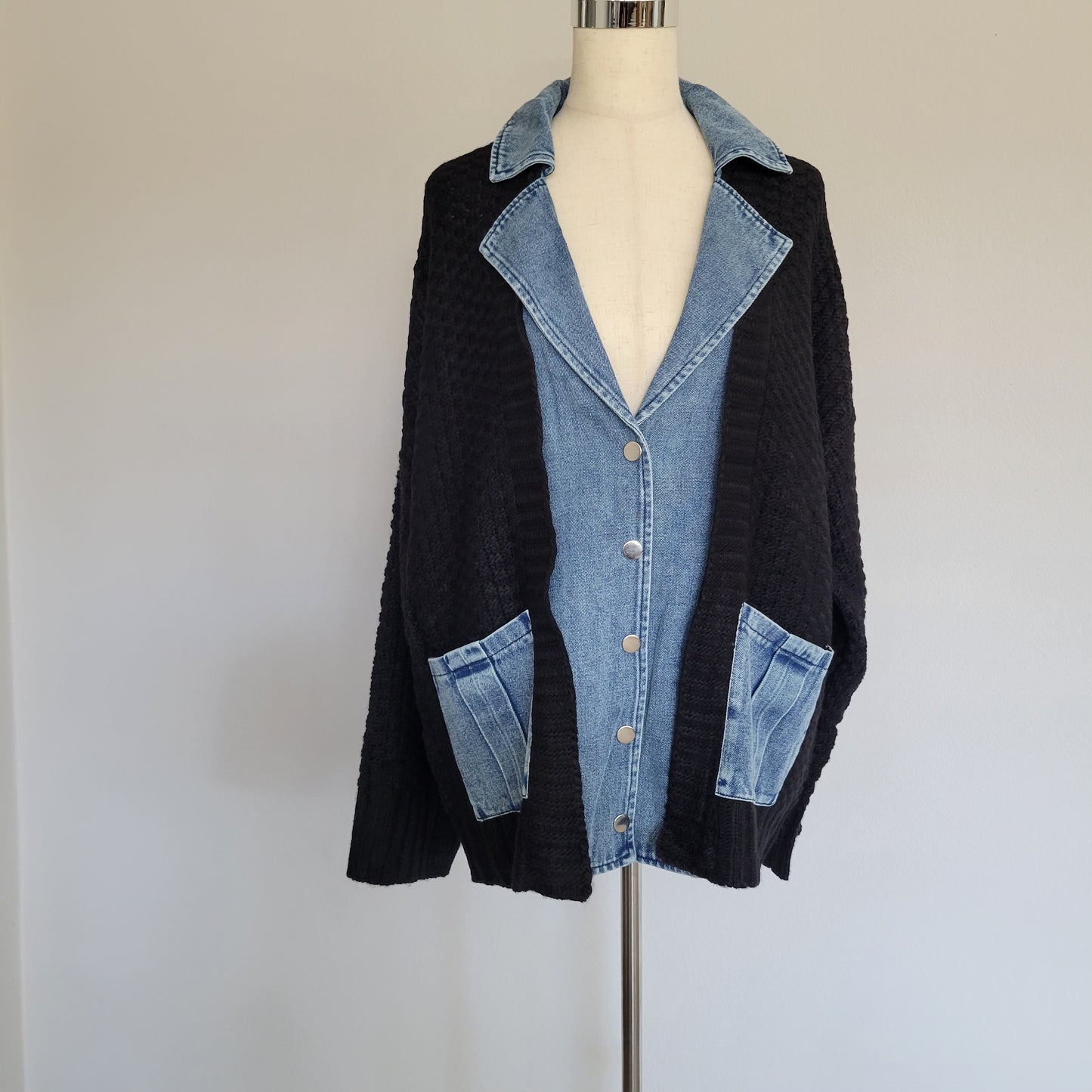 Oversized Denim Contrast Sweater Cardigan Black
