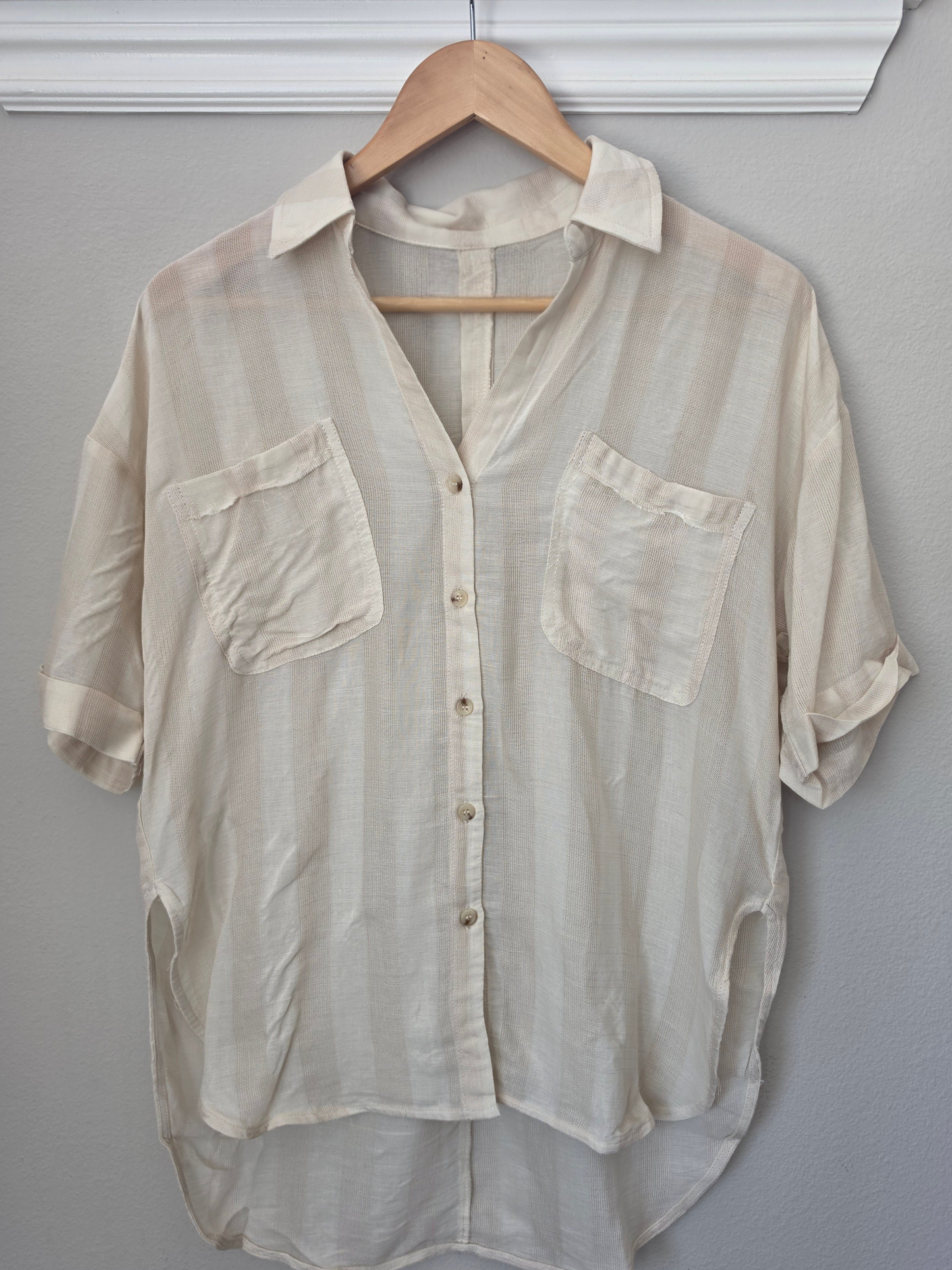 Allison Striped Collared V Neck Relaxed Button Down Shirt 2 Colors