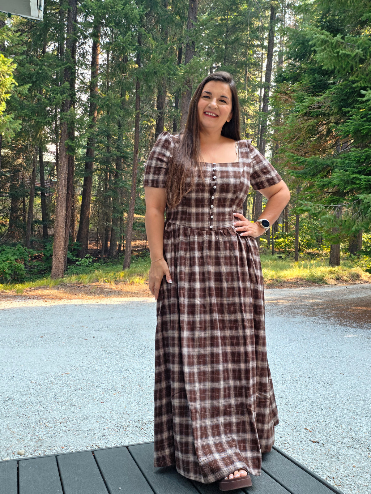Drop Waist Square Neckline Plaid Cotton Dress