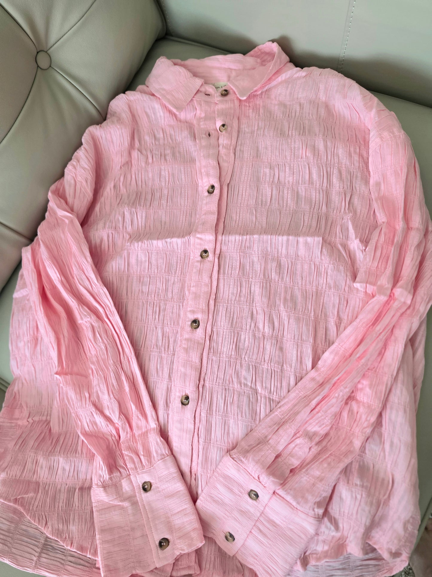 Pamela Textured Fabric Button Down Loose Fit Drop Shoulder Pink Shirt