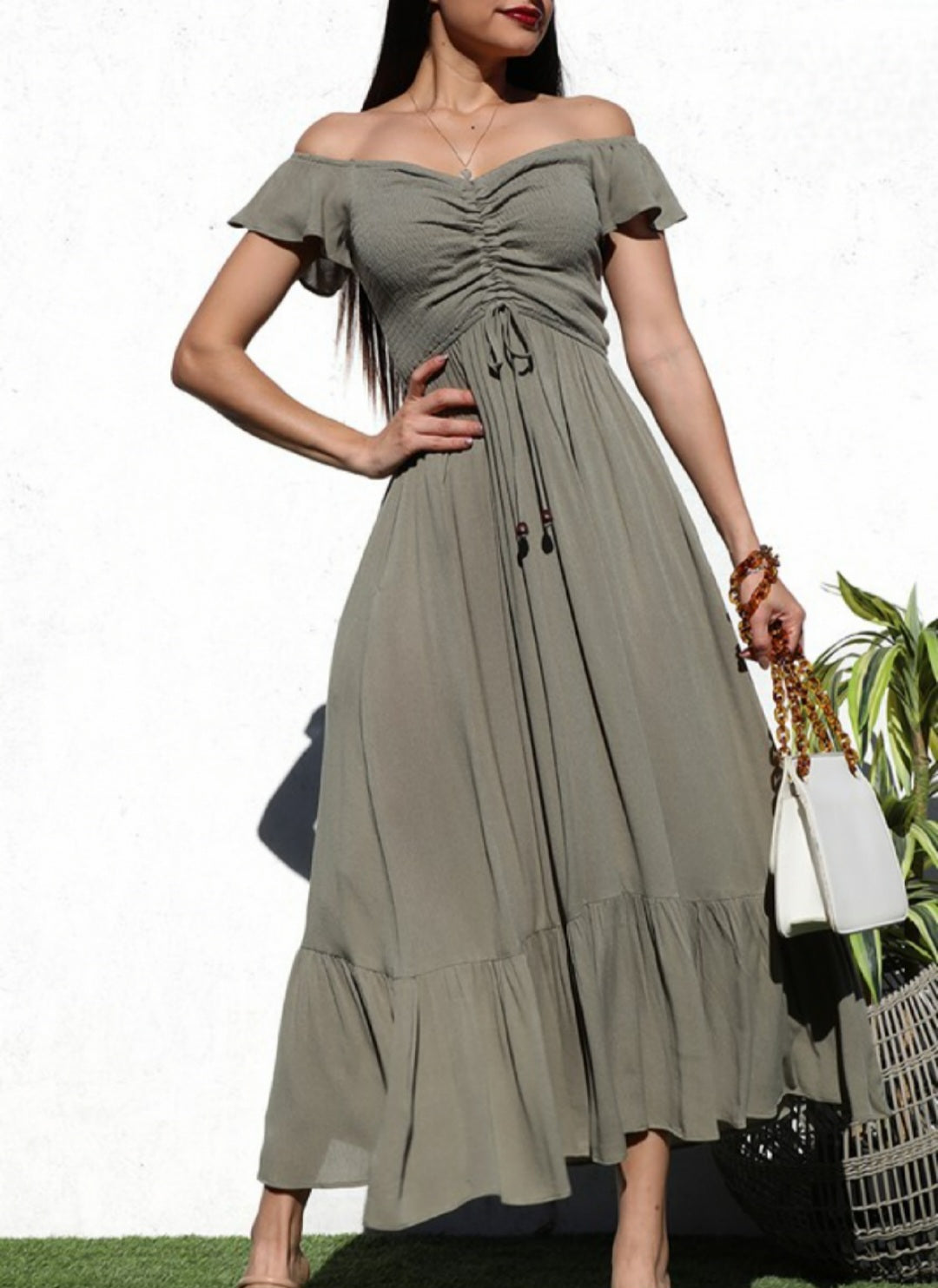 SMOCKED OFF SHOULDER RUCHED CHEST MAXI DRESS-SAGE