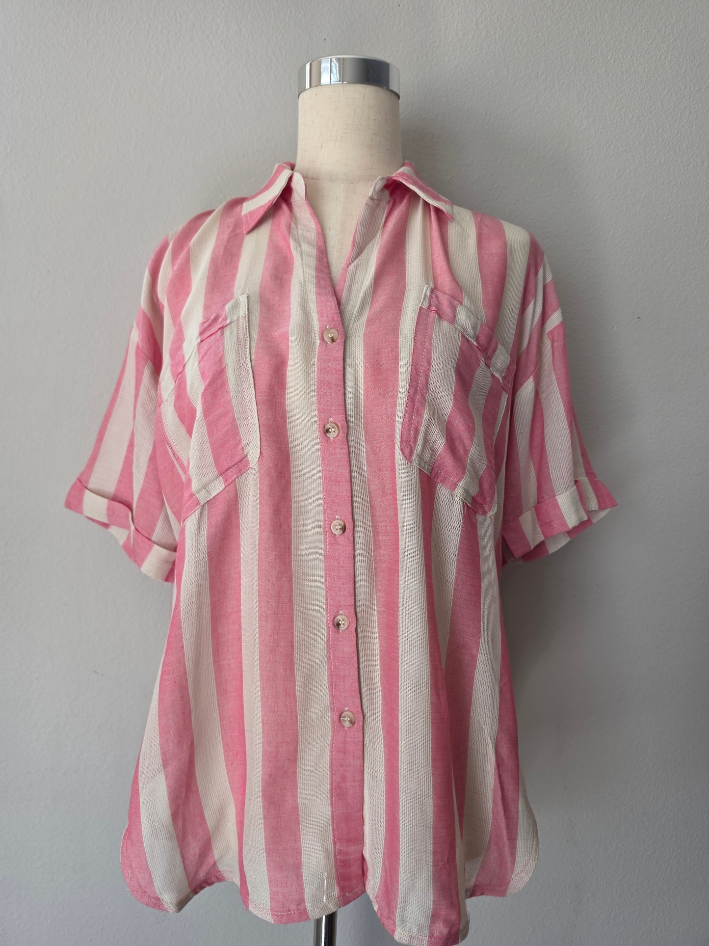 Allison Striped Collared V Neck Relaxed Button Down Shirt 2 Colors