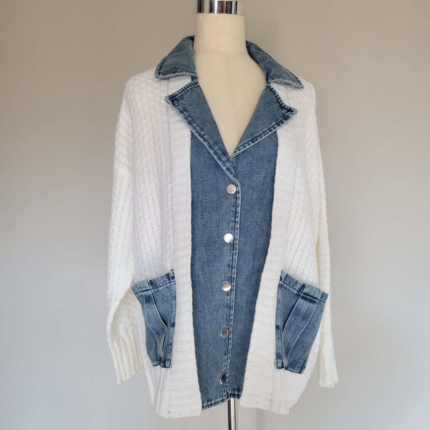 Oversized Denim Contrast Sweater Cardigan White