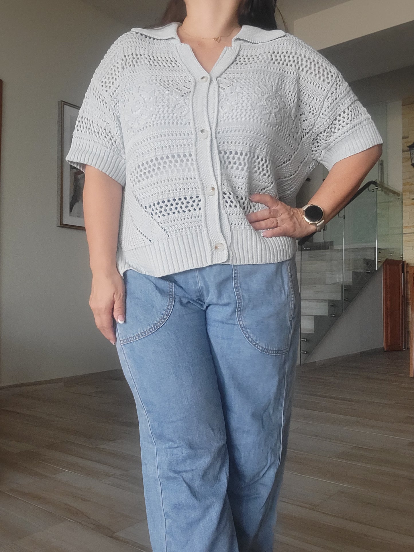 Reagan Oversized Crochet Button Down Slit Side Knit Polo Top Light Blue