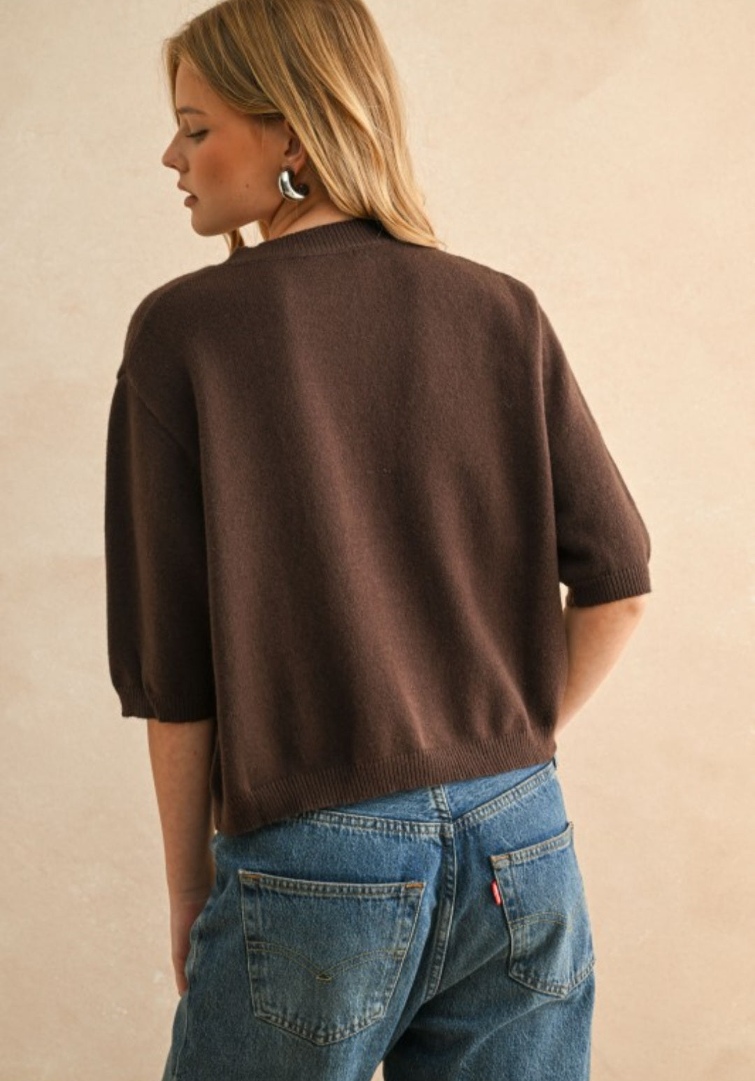 Short Sleeve Soft Sweater Crop Top Espresso Brown