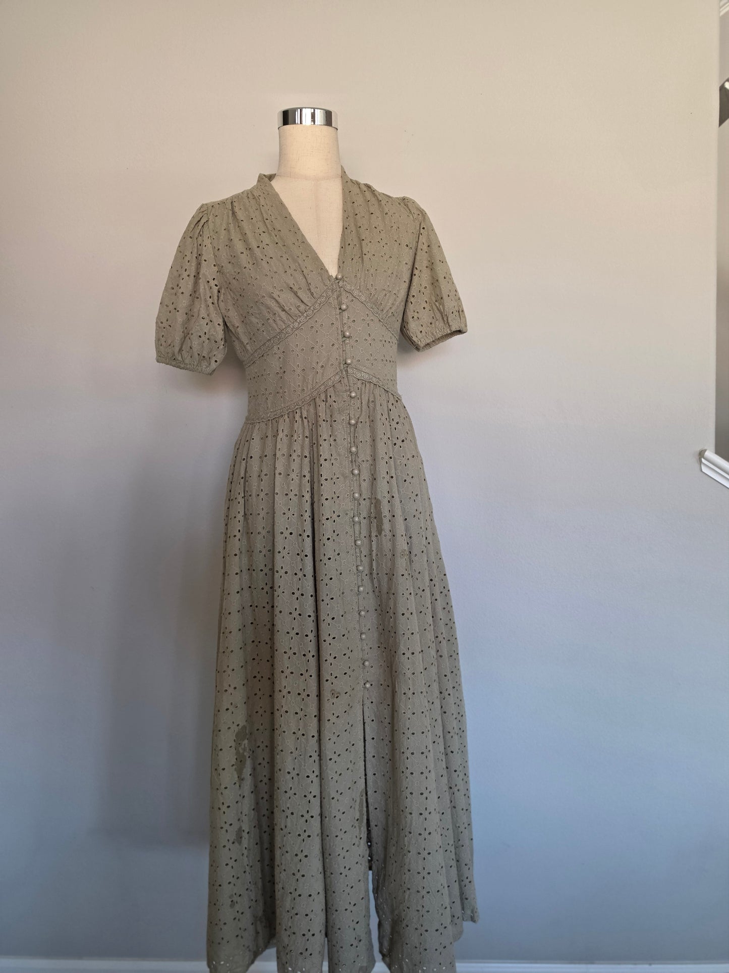 Lisa Cotton Eyelet Button Down Dress Olive Green
