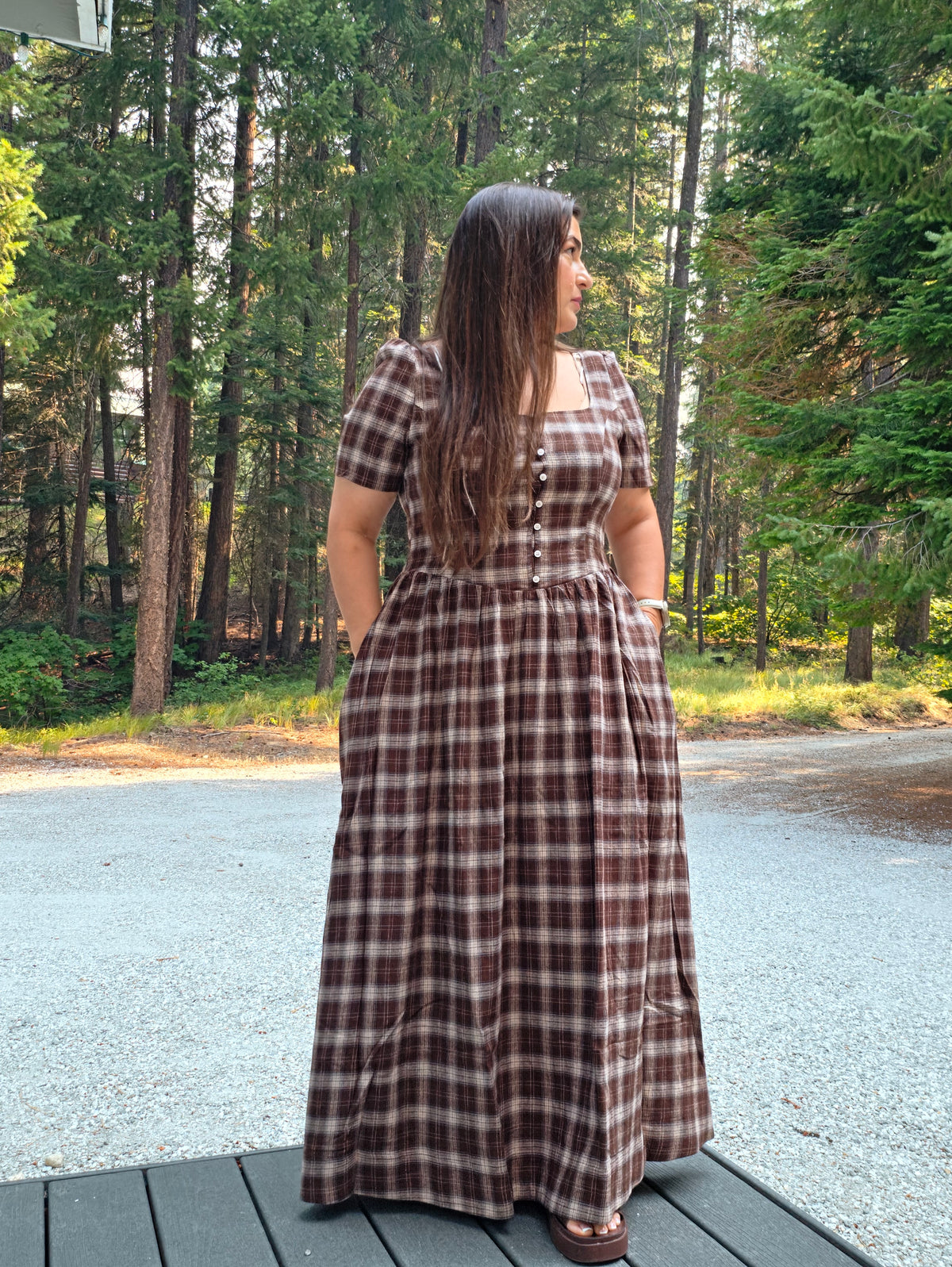 Drop Waist Square Neckline Plaid Cotton Dress