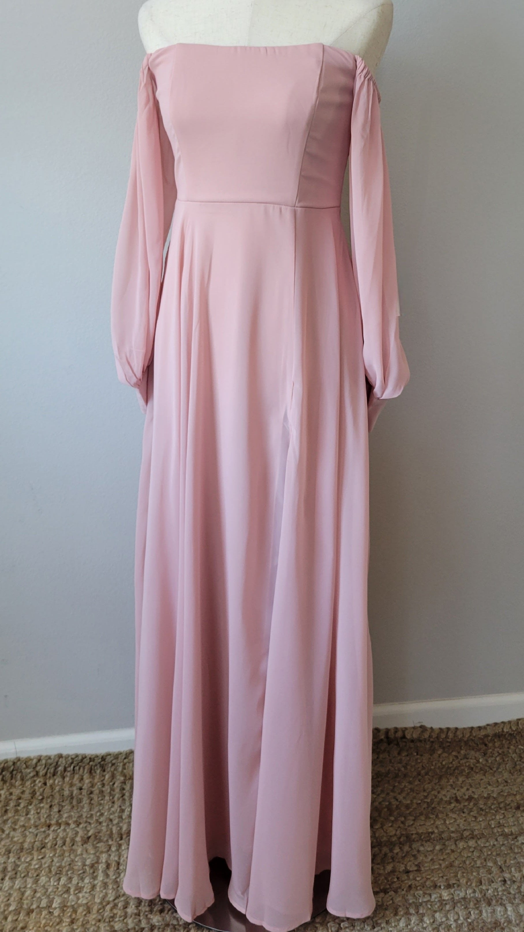 OFF SHOULDER CHIFFON SLIT MAXI DRESS PINK