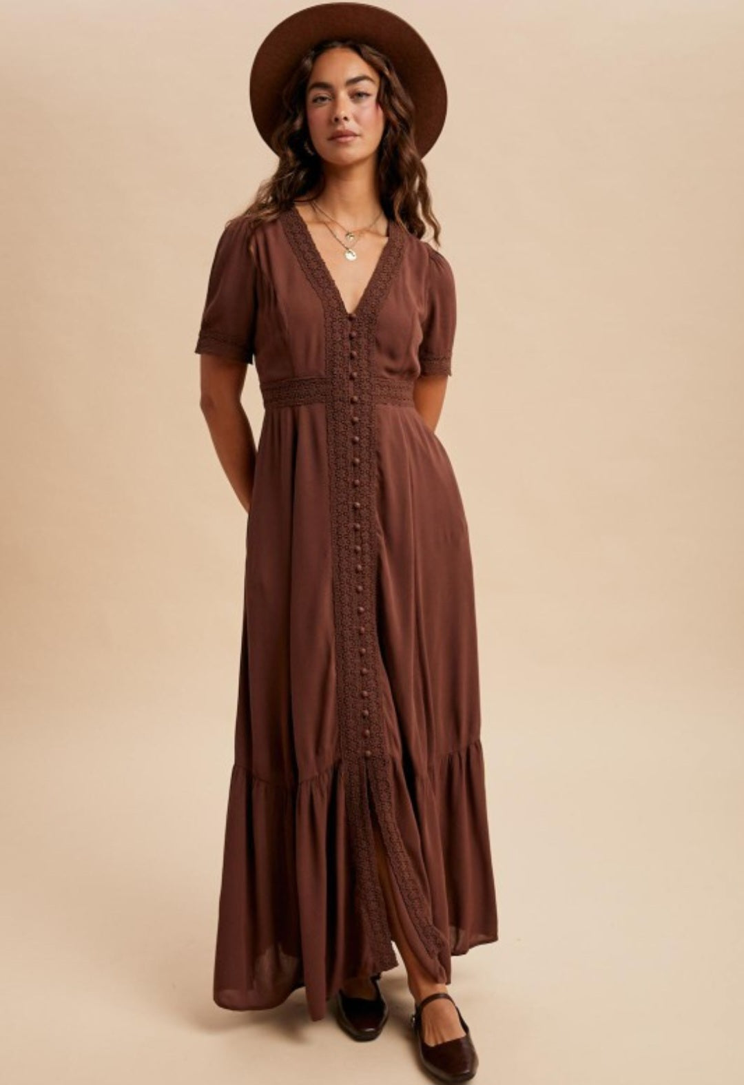 Lace Trim Button Down Maxi Dress
