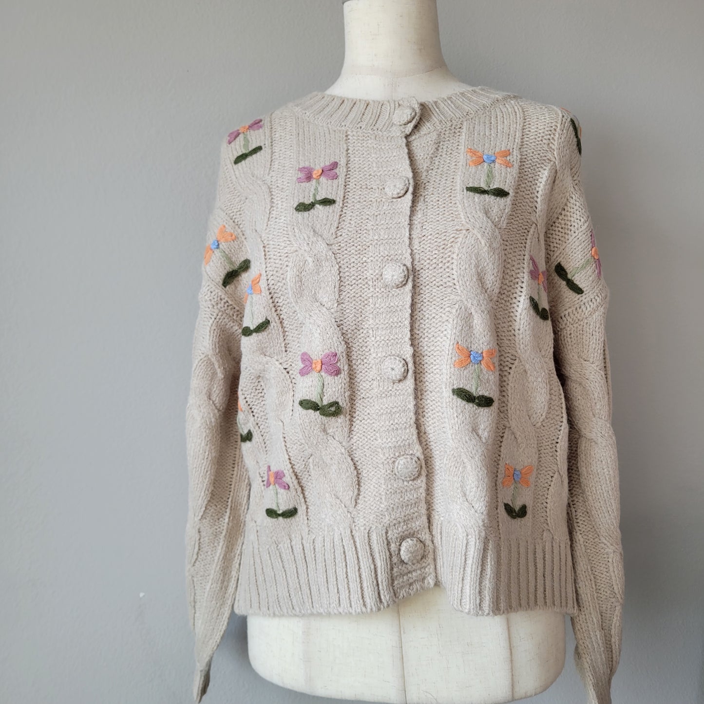 Embroidered Cable Knit Cardigan