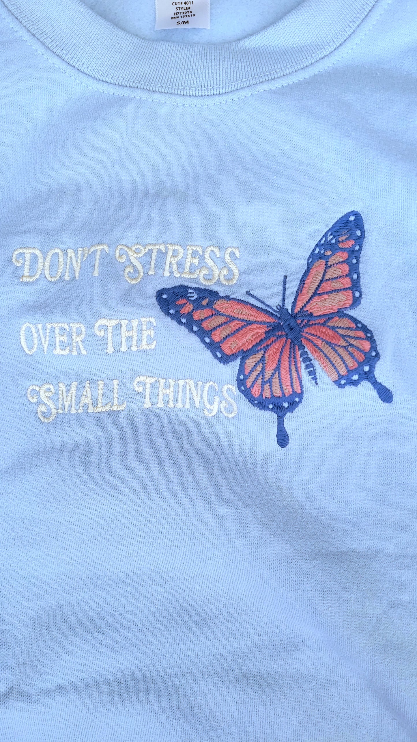 Don't Stress Butterfly Embroidered Cotton Blend Sweatshirt
