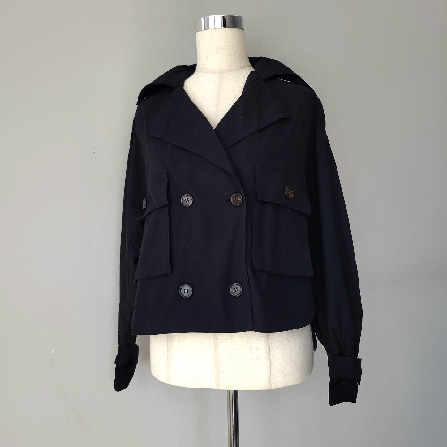 Cropped Cotton Trench Jacket Black