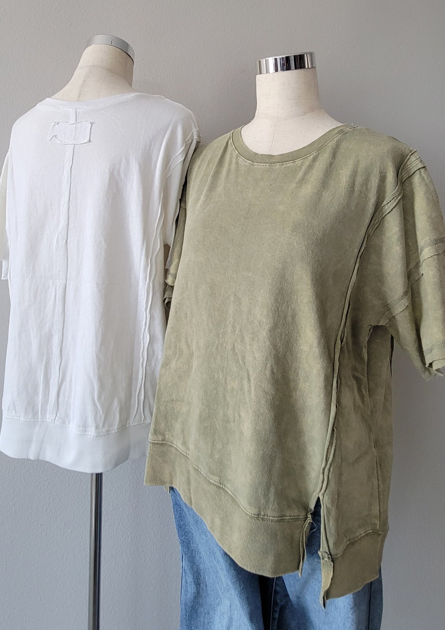 Front Slit Hi Low Cotton Mineral Washed Short Sleeve Tee Green