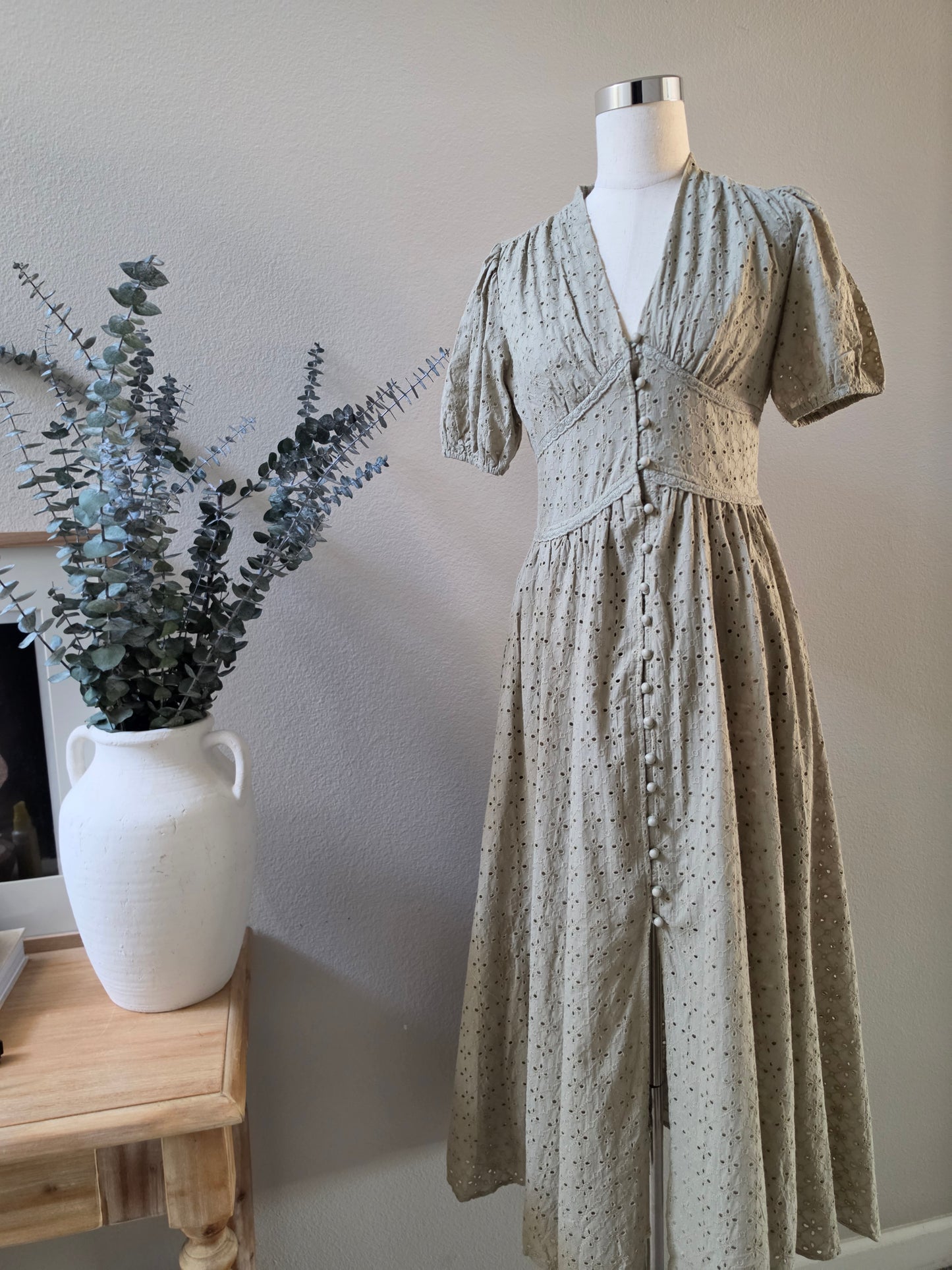 Lisa Cotton Eyelet Button Down Dress Olive Green