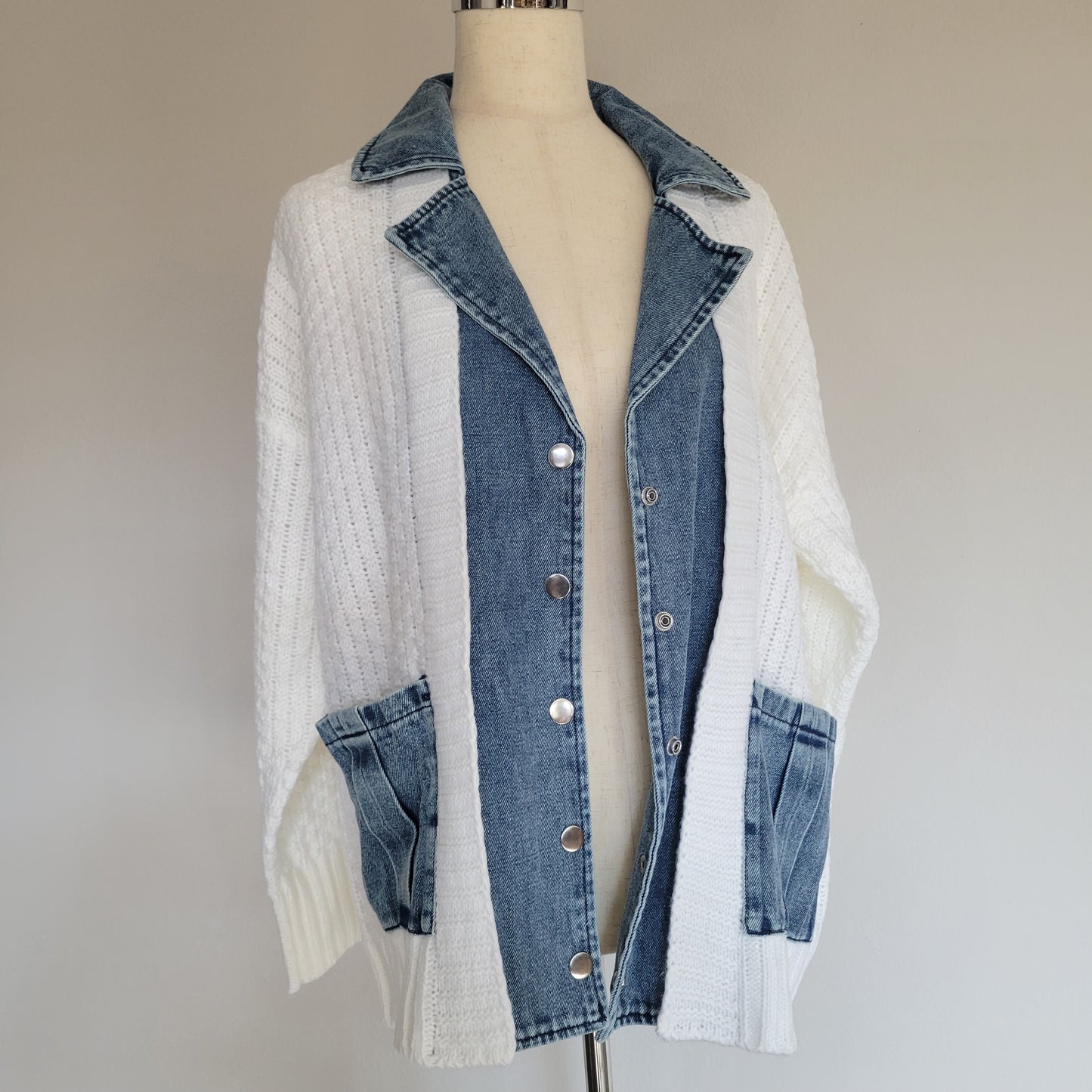 Oversized Denim Contrast Sweater Cardigan White