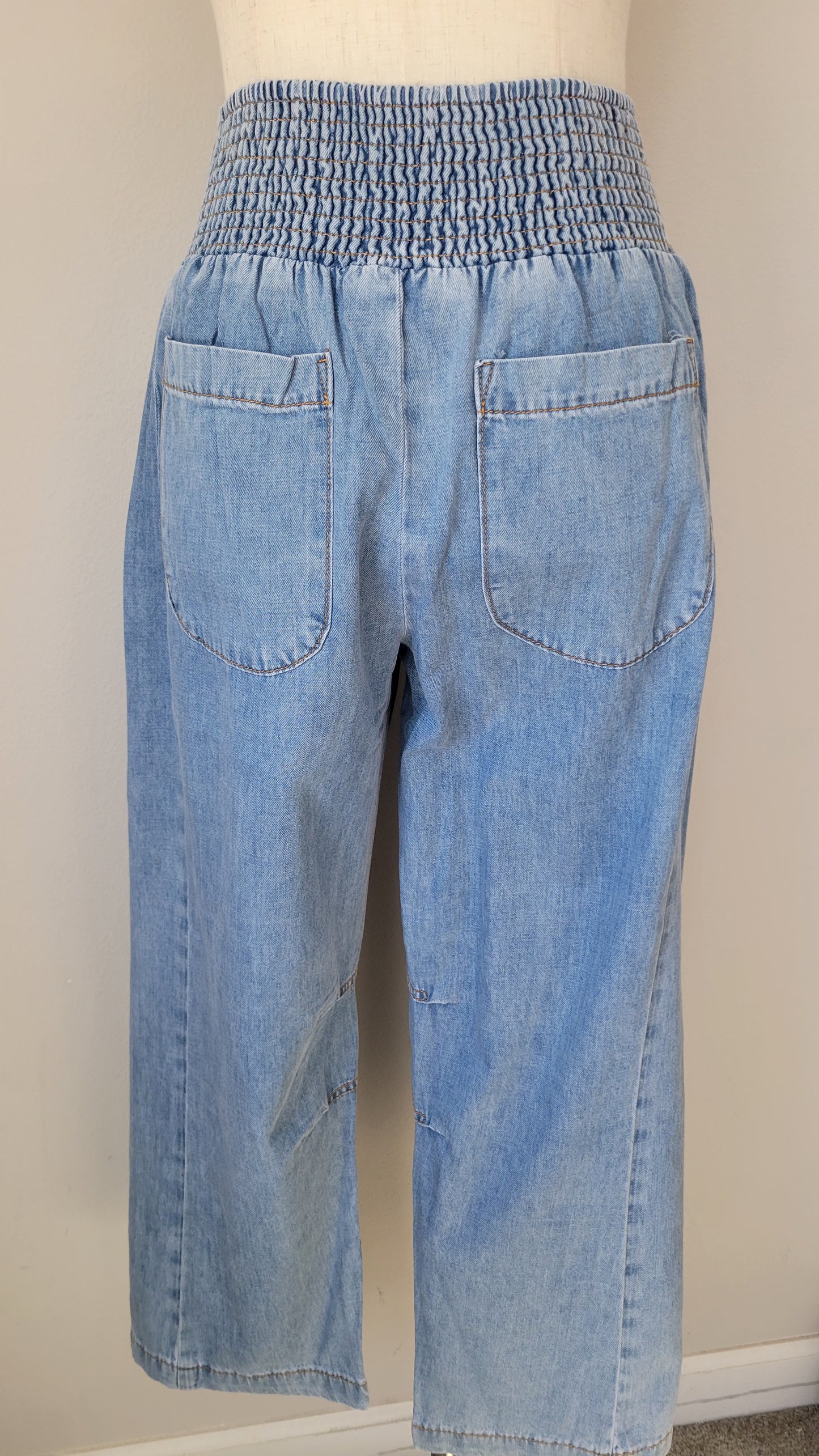 Wendy Wide Smocked Waistband Barrel Cotton Denim Pants