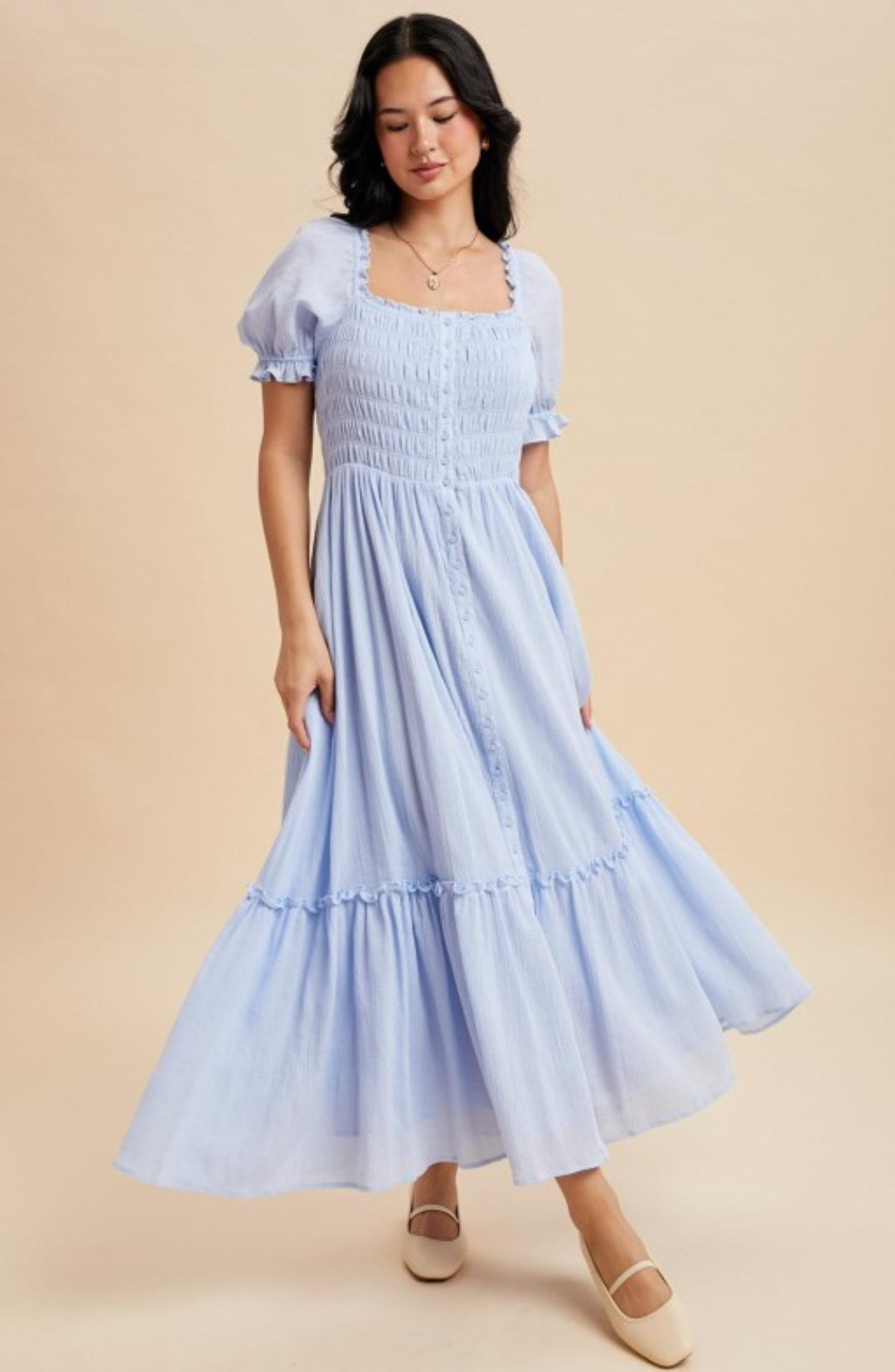 Karen Smocked Button Down Blue Aura Maxi Dress