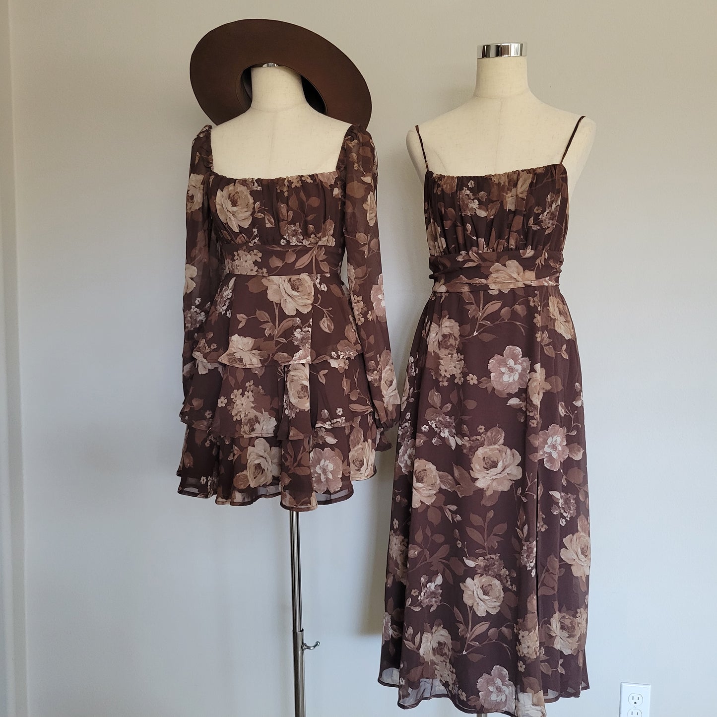 Floral Long Sleeve Triple-layer Mini Dress Brown