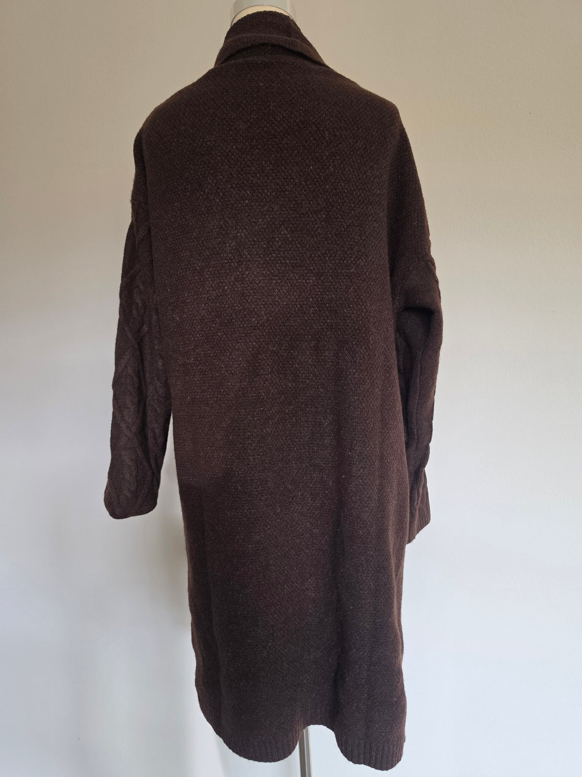 Longline Cable Textured Knit Shawl Collar Espresso Brown Open Cardigan