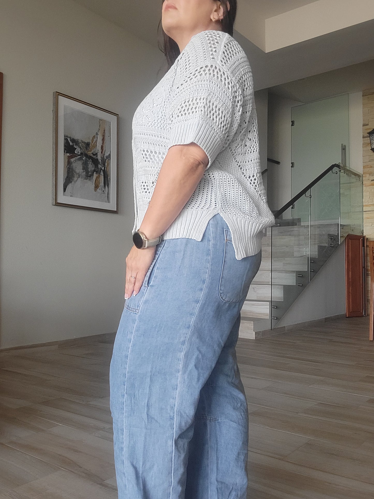 Reagan Oversized Crochet Button Down Slit Side Knit Polo Top Light Blue