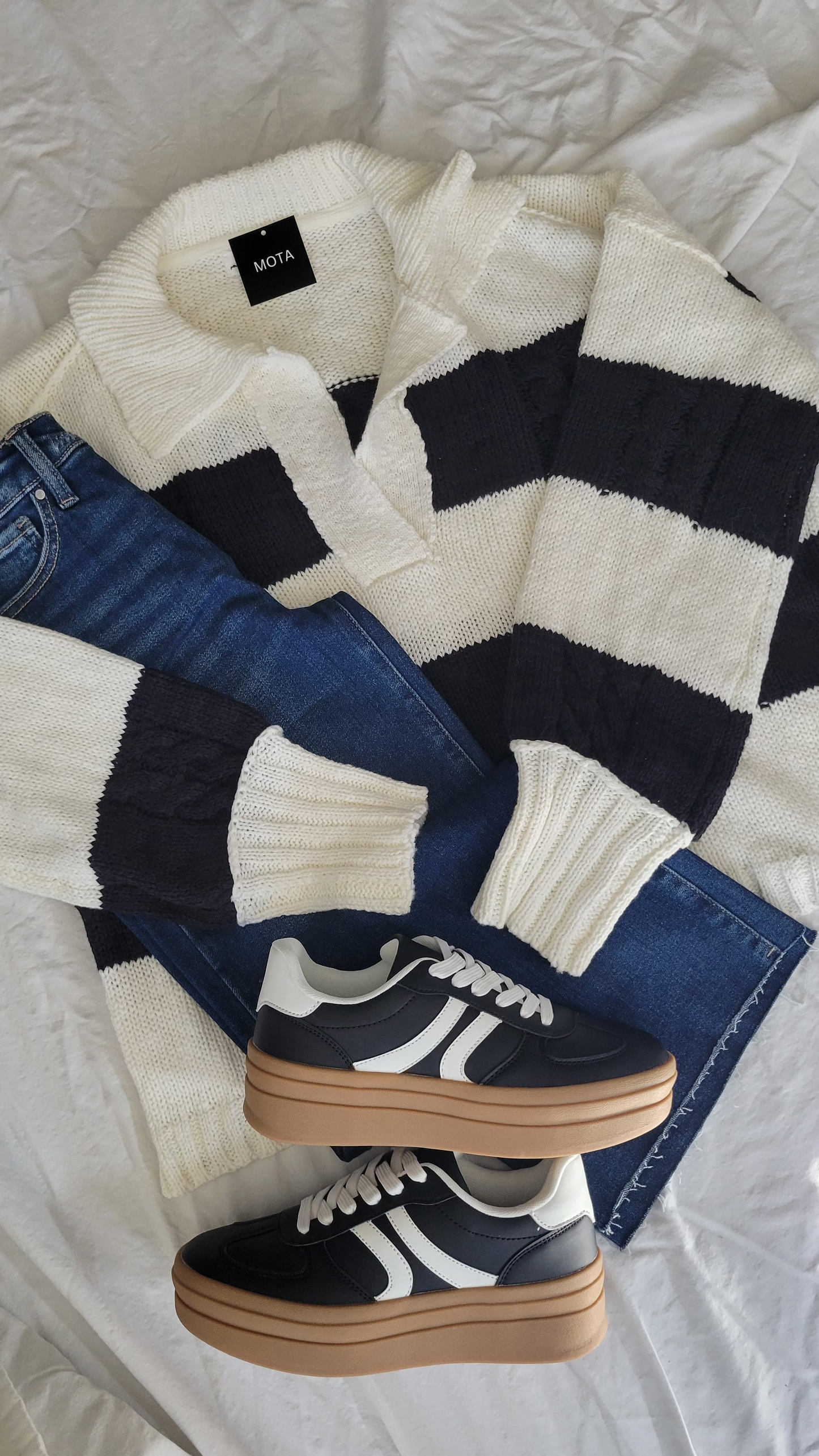Striped Cotton Rugby Cable Knit Sweater Black