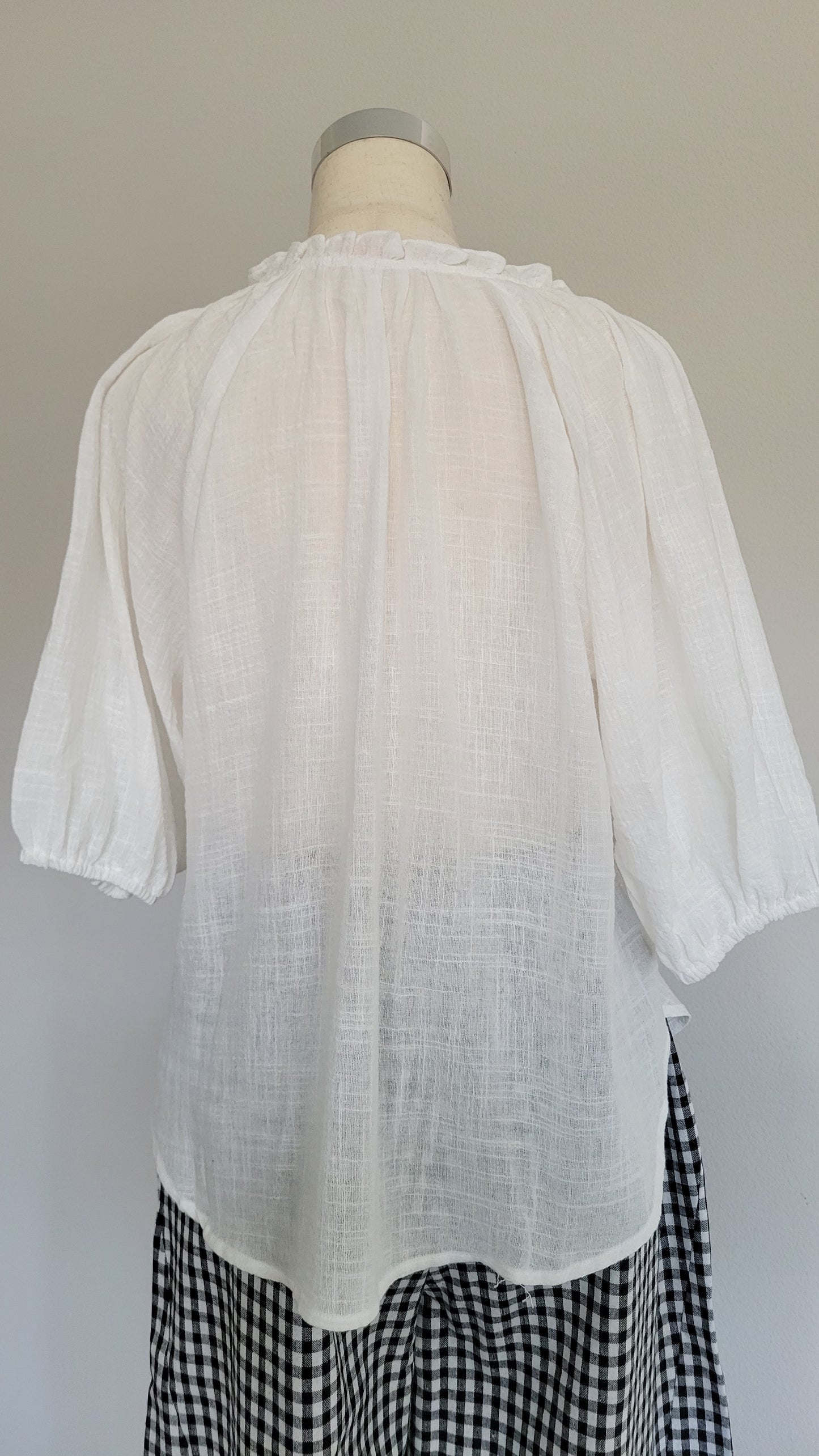 Kimberly Puff-sleeve Cotton  V-neck Blouse White