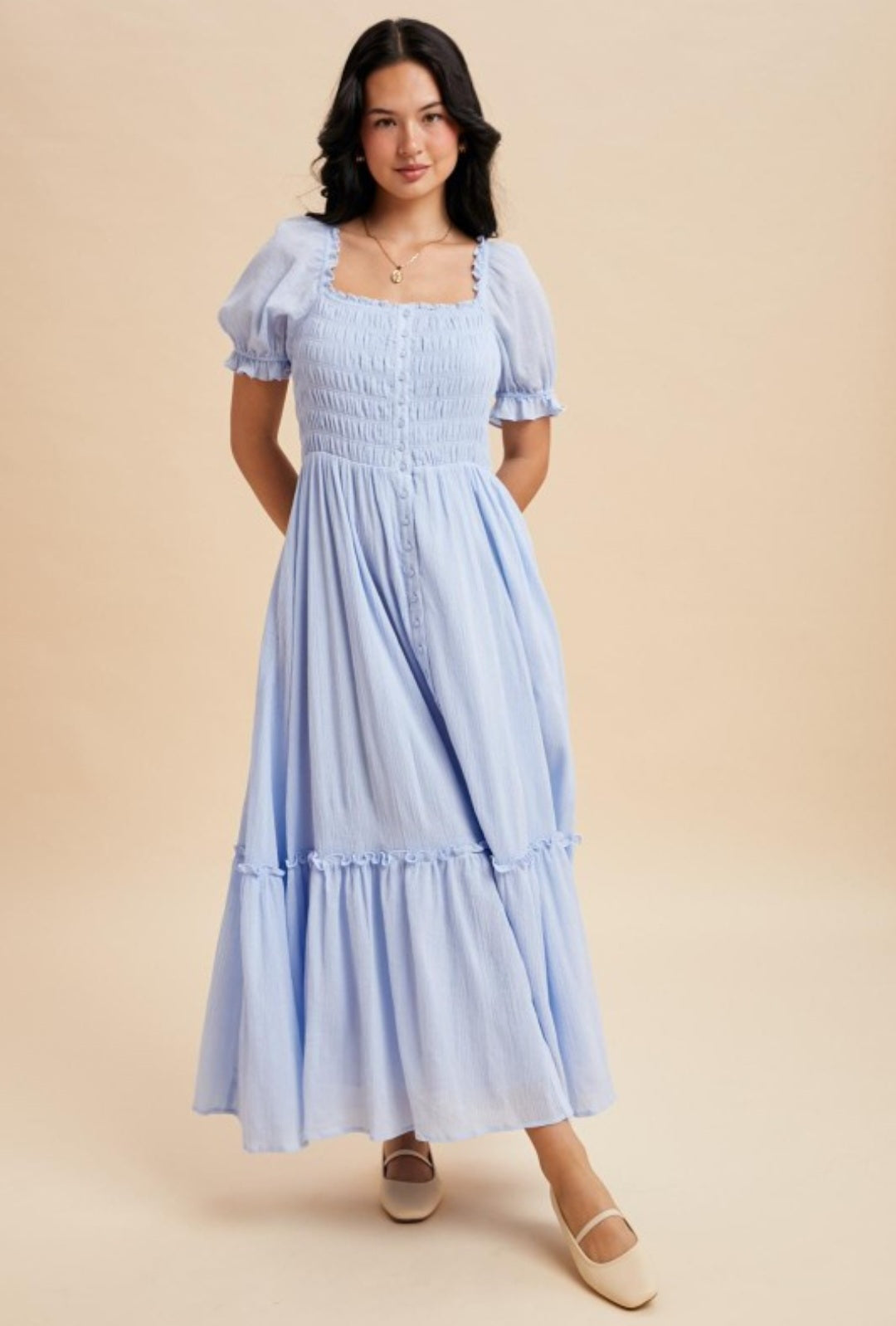 Karen Smocked Button Down Blue Aura Maxi Dress
