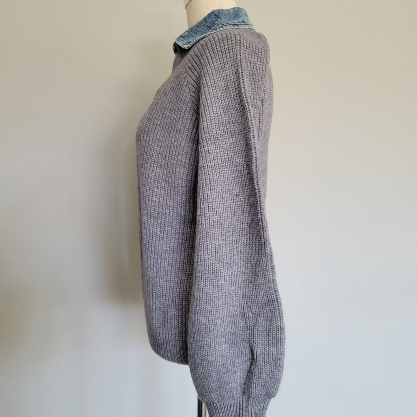 Denim Contrast Collared V Neck Sweater