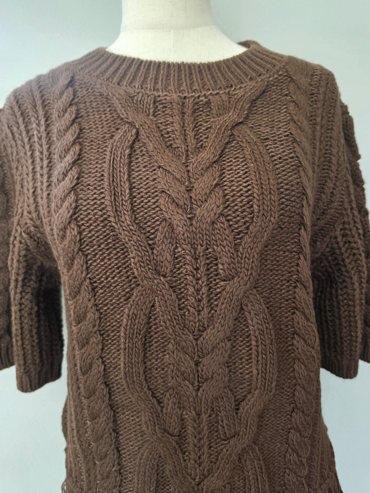 Cable Knit Fringe Hem Crew Neck Brown Sweater