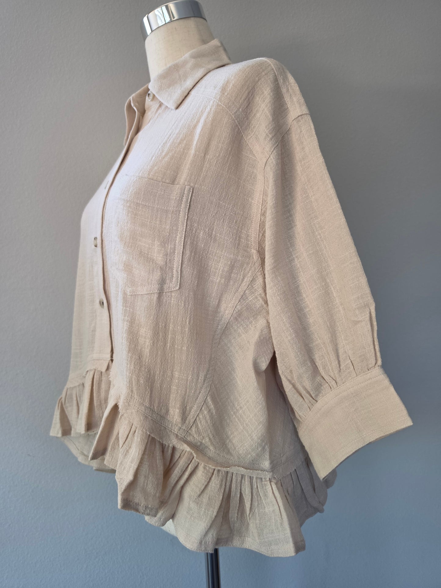 Nicole Cotton Oversized Button Front Ruffle Hem Top