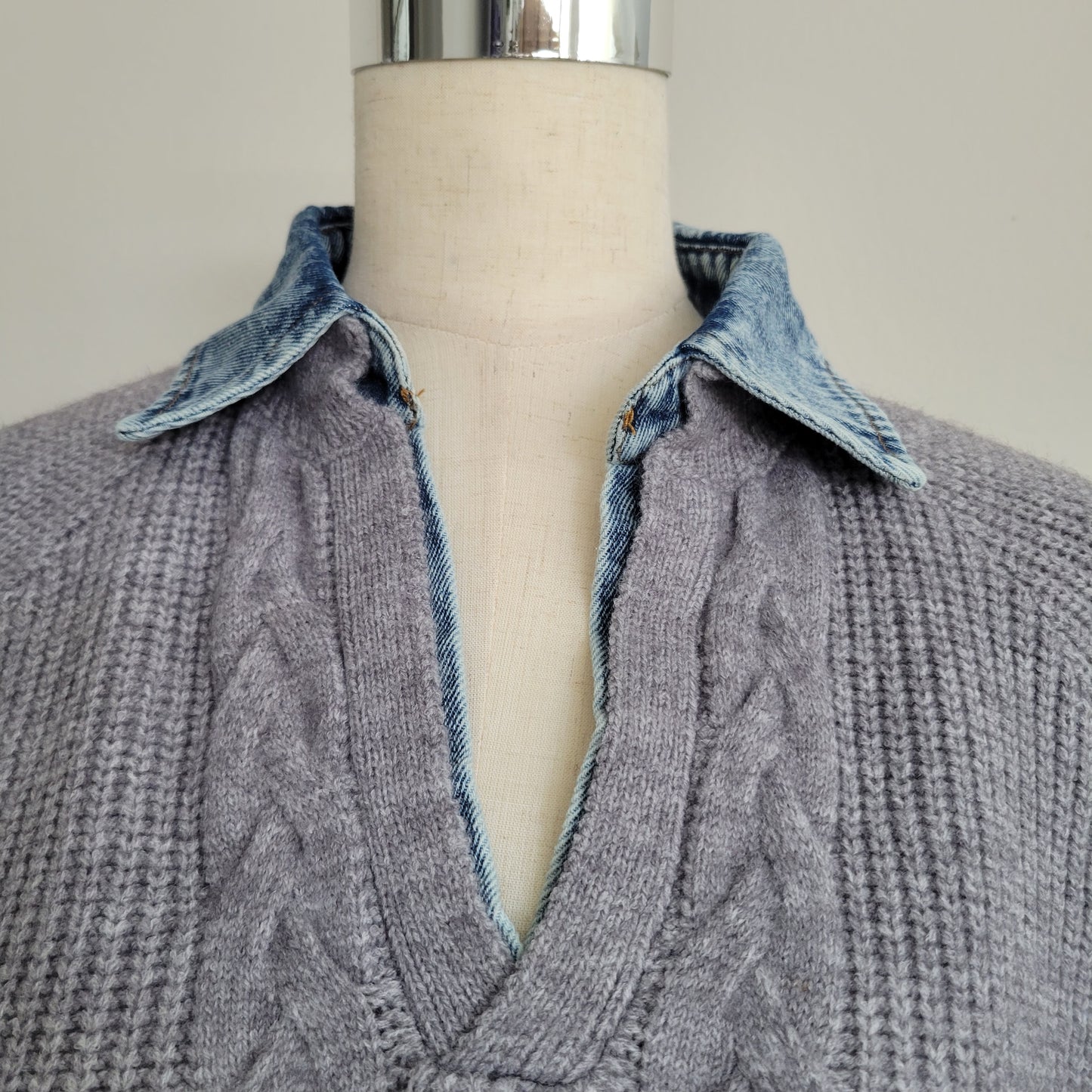 Denim Contrast Collared V Neck Sweater