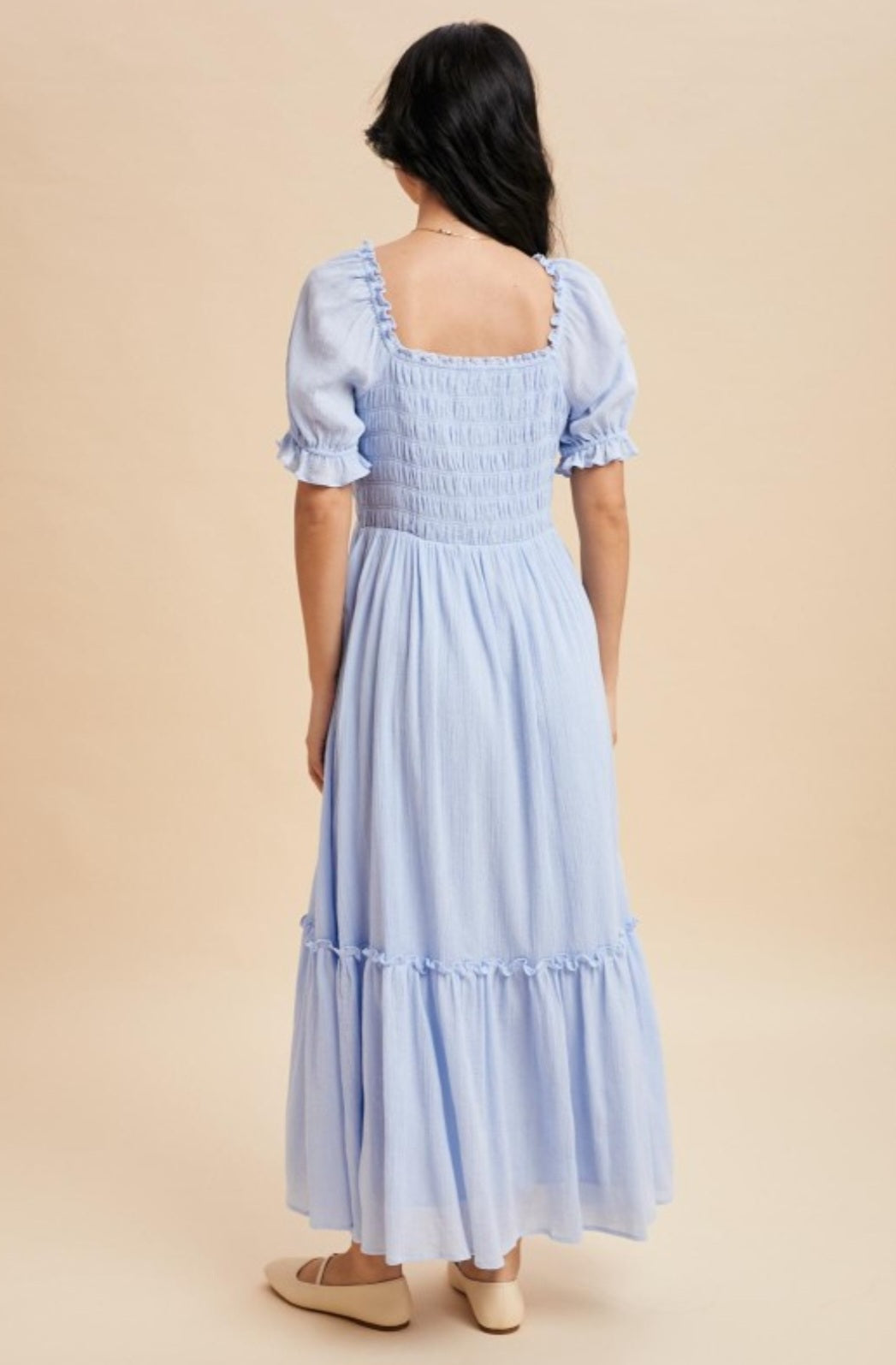 Karen Smocked Button Down Blue Aura Maxi Dress