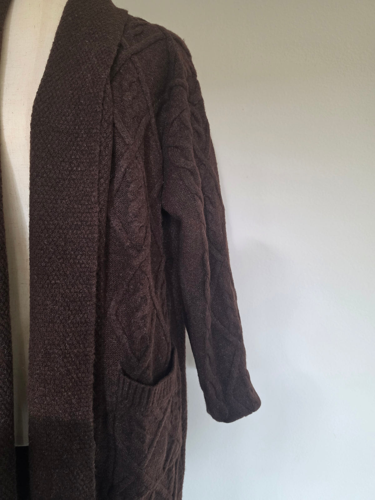 Longline Cable Textured Knit Shawl Collar Espresso Brown Open Cardigan