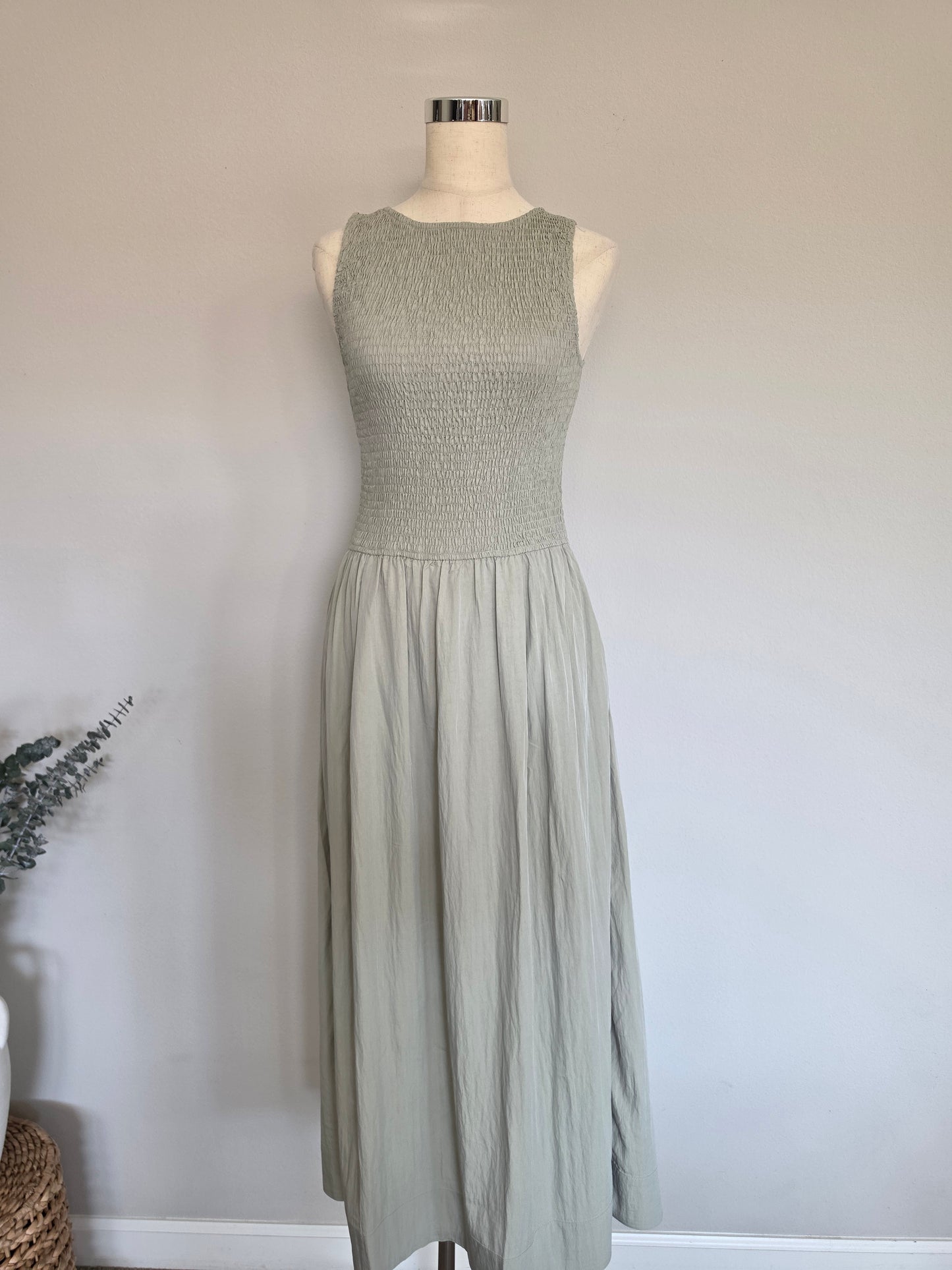 Deborah Smocked Bodice Boatneck Tank Maxi Dress Sage Green