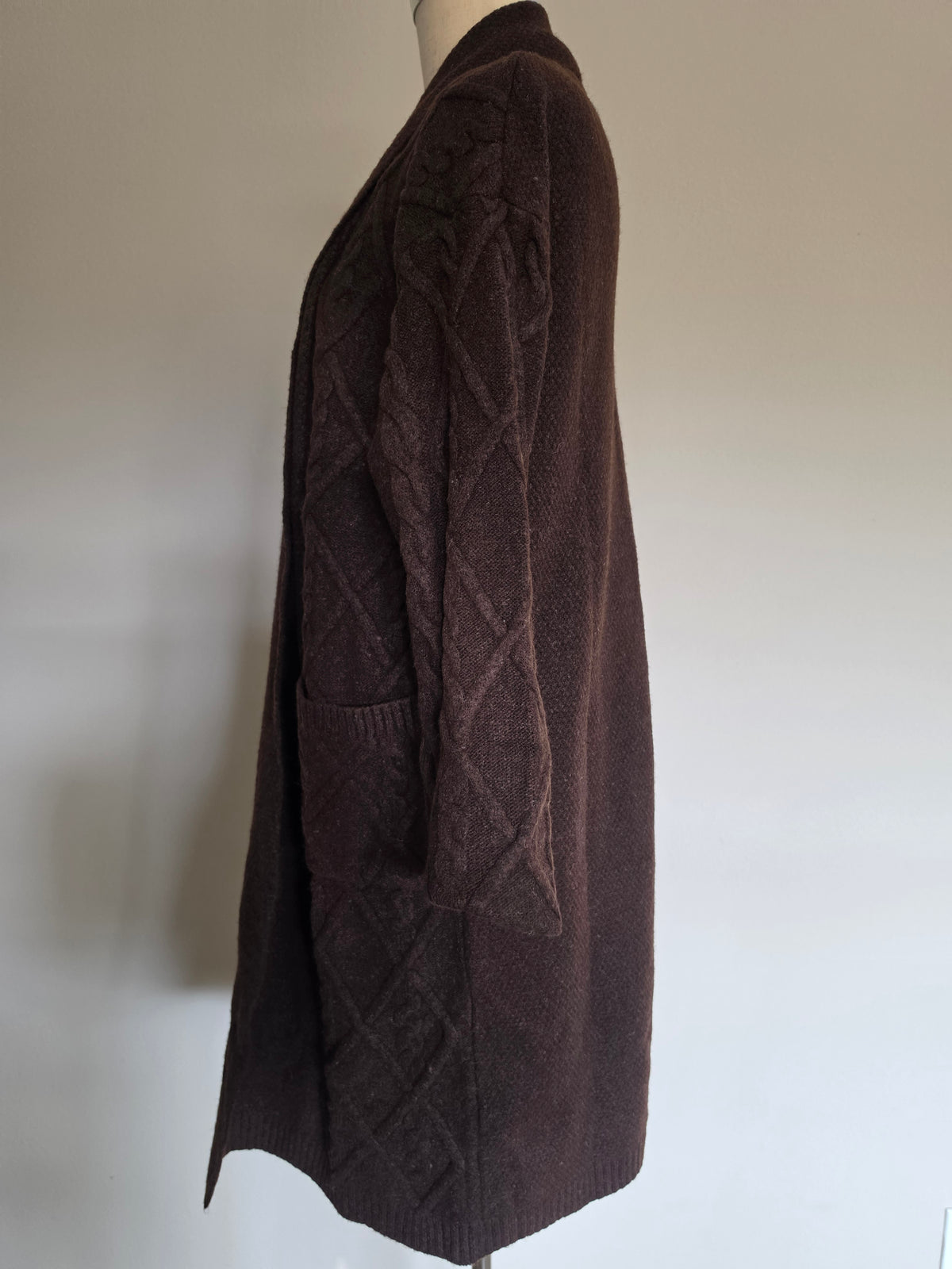 Longline Cable Textured Knit Shawl Collar Espresso Brown Open Cardigan