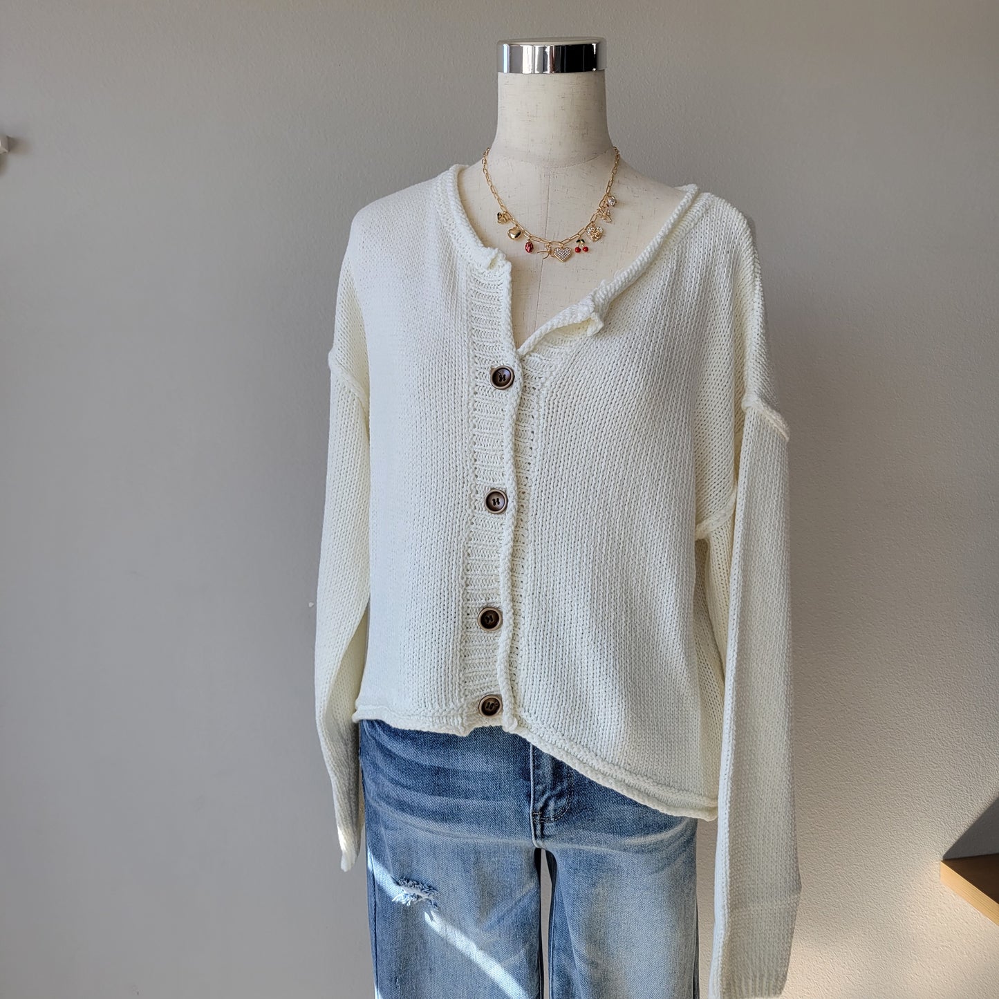 DROP SHOULDER OVERSIZED CROP CARDIGAN WHITE