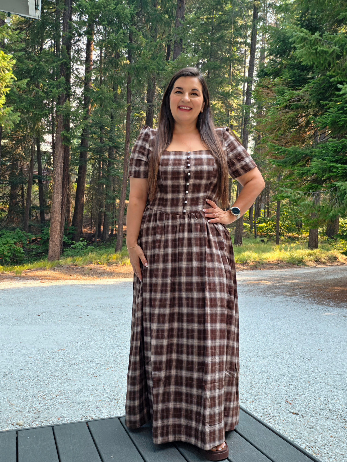 Drop Waist Square Neckline Plaid Cotton Dress