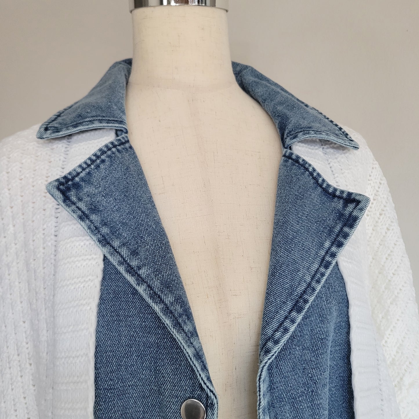 Oversized Denim Contrast Sweater Cardigan White