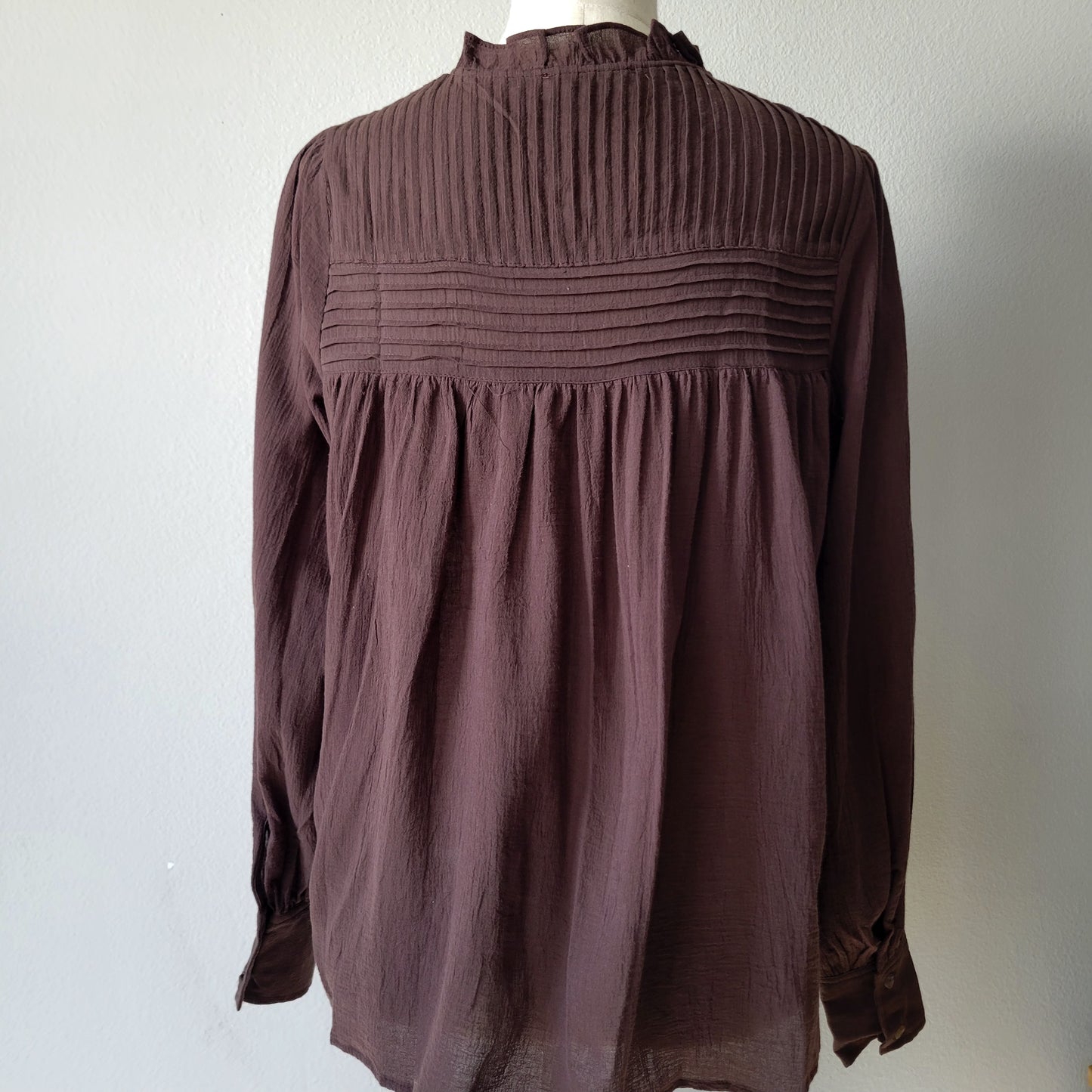 Pintuck Pleated Mock Neck Cotton Blouse Brown