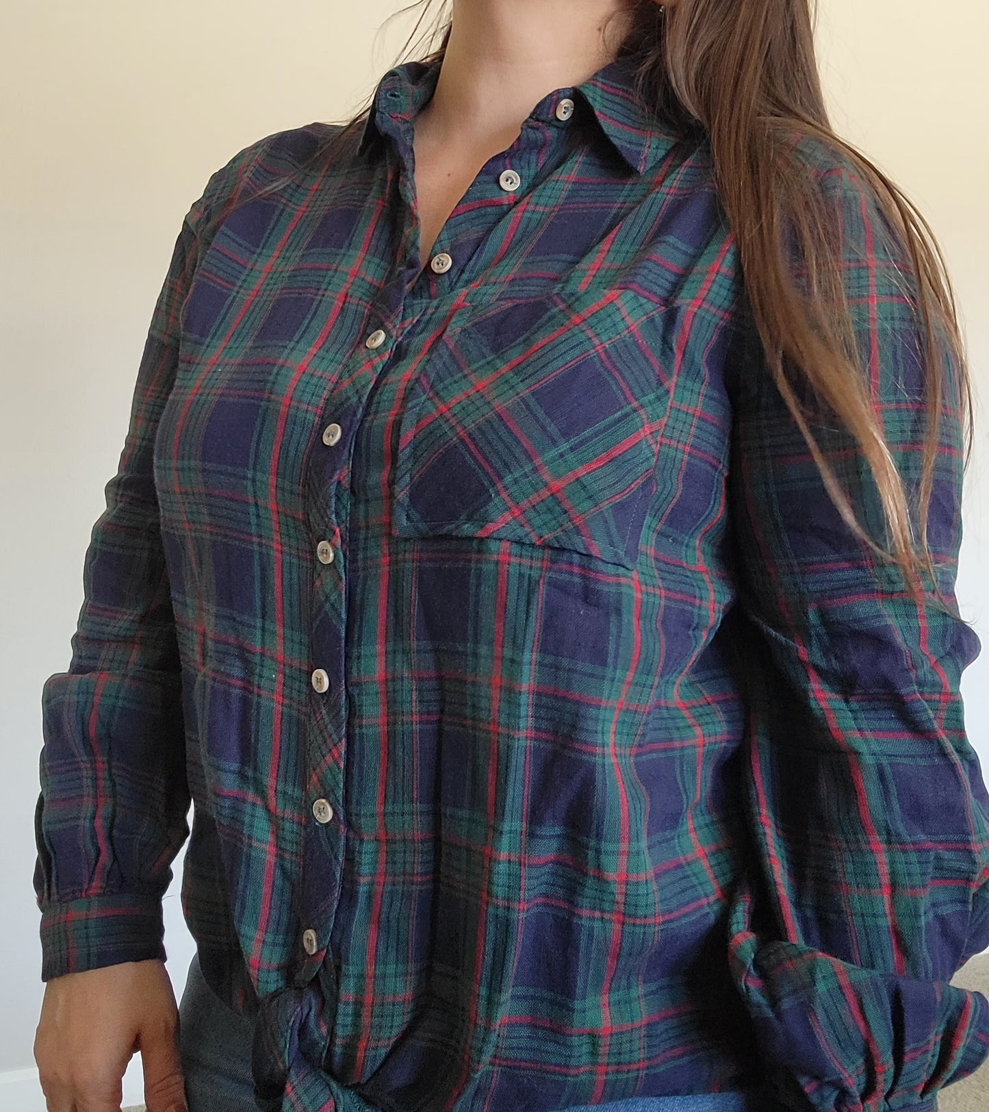 Cotton Plaid Christmas Button Down With Self Tie Top