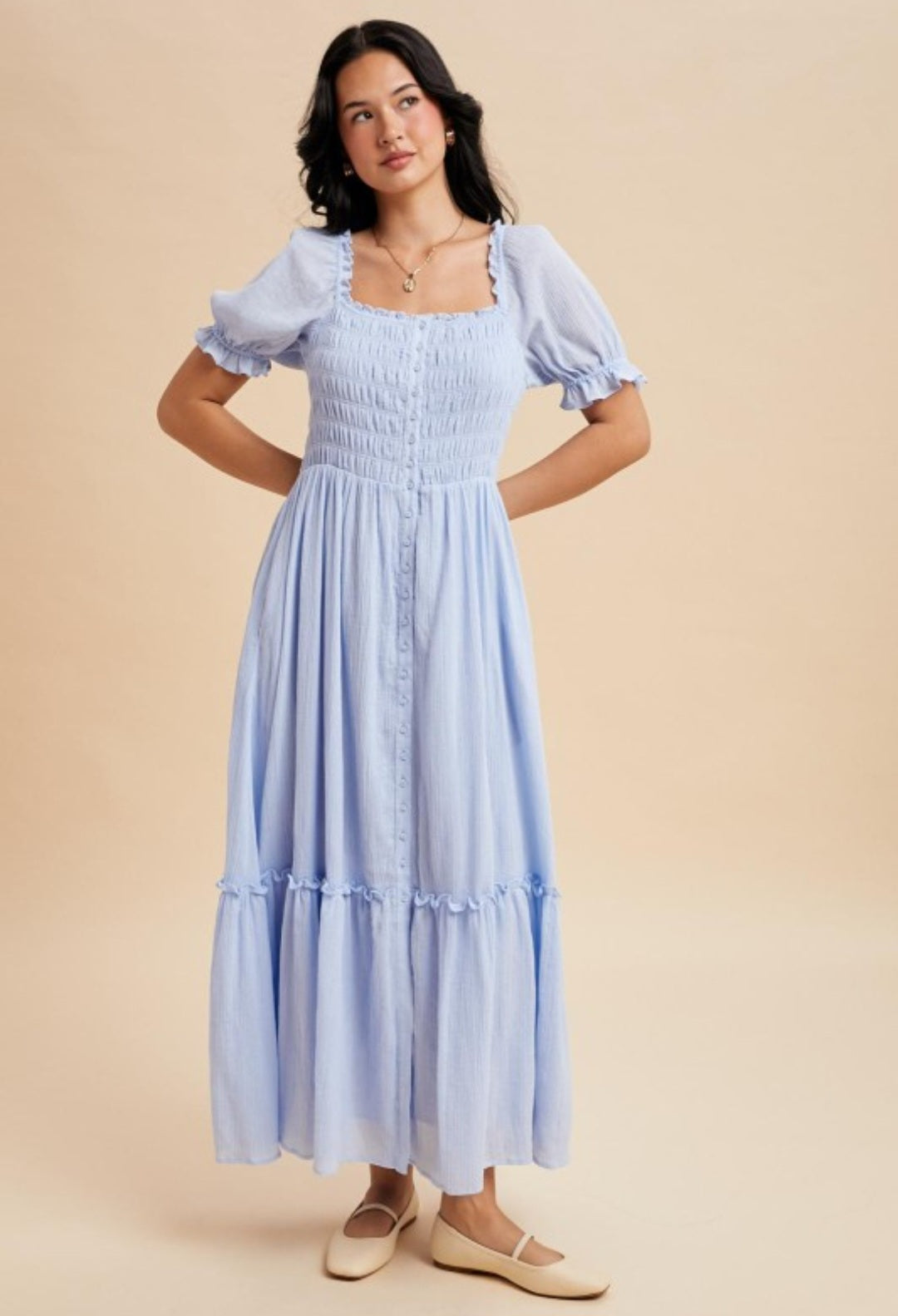 Karen Smocked Button Down Blue Aura Maxi Dress