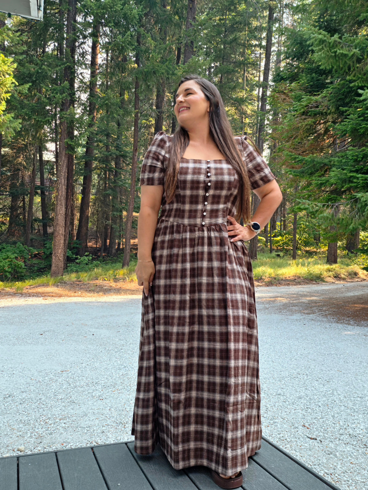 Drop Waist Square Neckline Plaid Cotton Dress