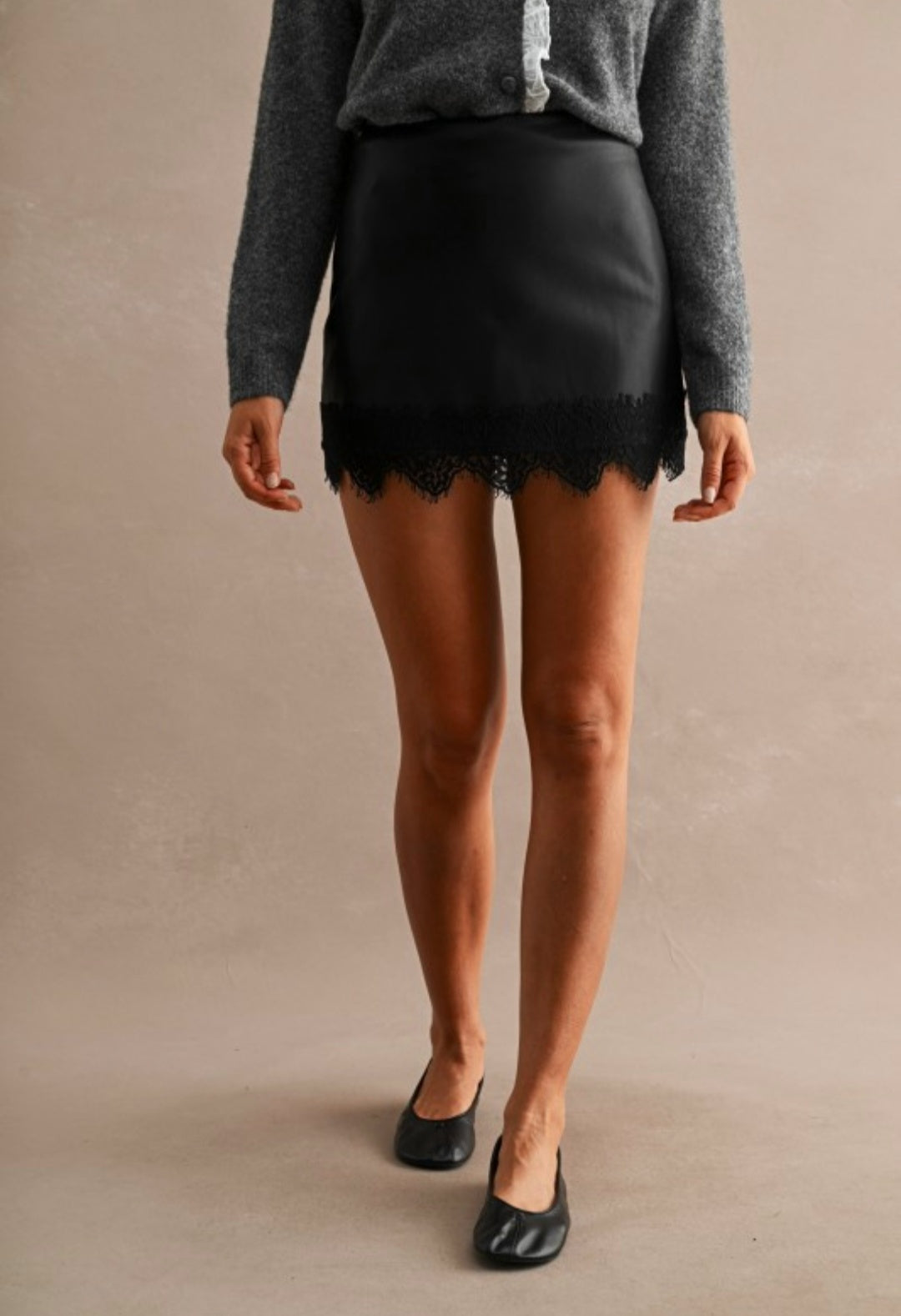 High-waisted Faux Leather Lace Trim Hem Mini Skort